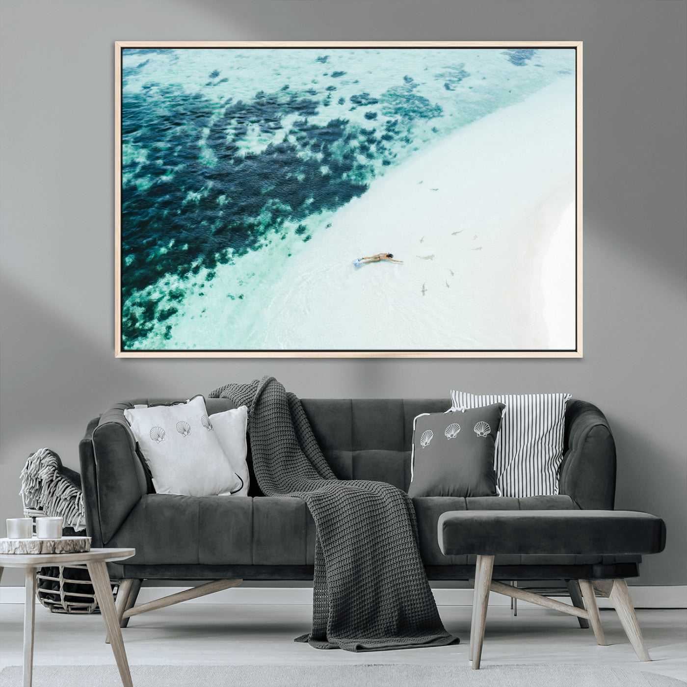 33764764-MGV-CV-36X24-Minimal Beach Wall Art – Framed Ocean Swimming Canvas Artwork, Clear Blue Sea Design, Modern Coastal Decor for Home, Office