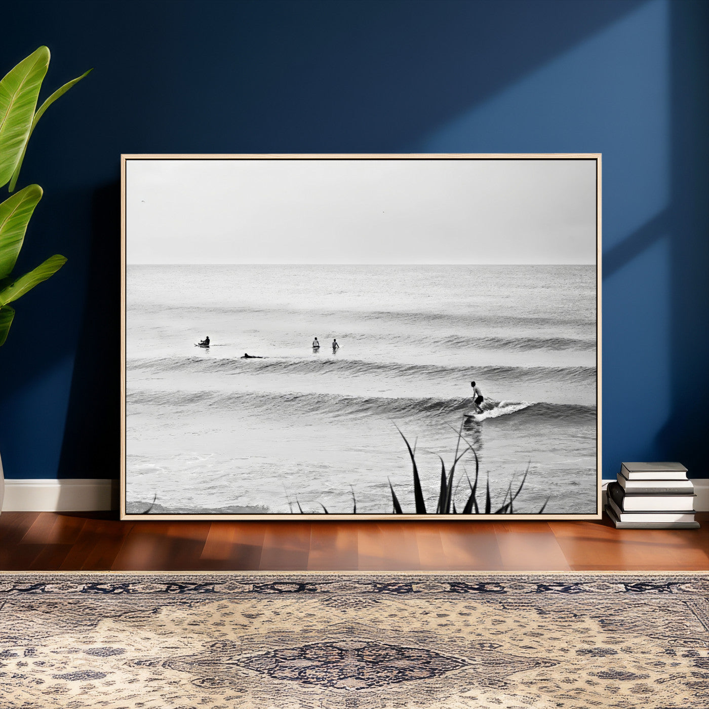 33821421-MGV-CV-36X24 - Surfer Silhouette Wall Art Canvas Print, Framed Calm Ocean Art Picture Print, Monochrome Surf Minimalist Coastal Decor Artwor