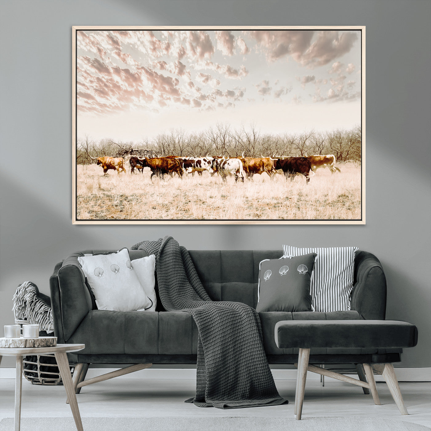 64892775-MGV-CV-36X24 - Longhorn Cattle Wall Art Canvas Print, Framed Texas Ranch Art Picture Print, Western Cow Perfect Western Decor Artwork