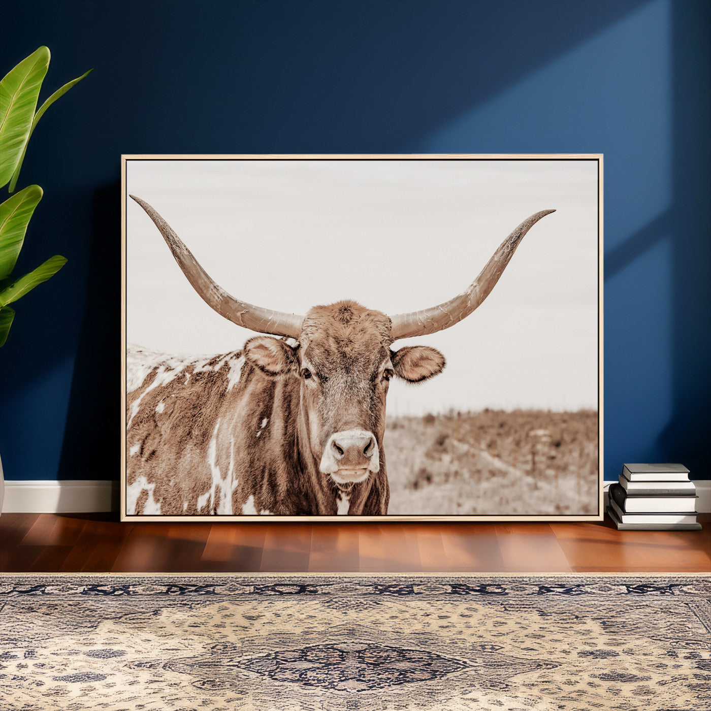 39964150-MGV-CV-36X24 - Longhorn Cow Wall Art Canvas Print, Texas Ranch Print, Framed Western Bull Art Print, Large BigHorn Cowboy Printing Perfect for County Decor