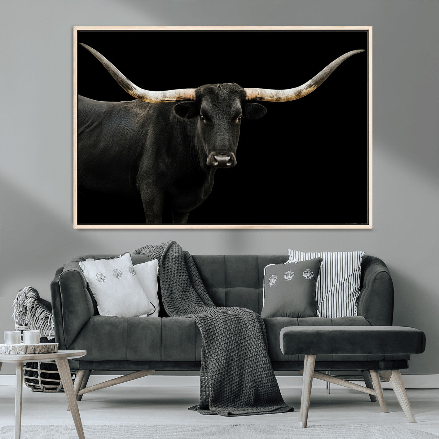99448328-MGV-CV-36X24-Longhorn Cattle Wall Art Canvas Print – Framed Texas Ranch Scene with Western Cow Artwork for Home, Office, Living Room