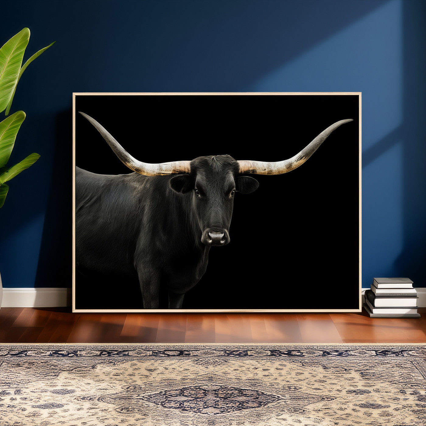 99448328-MGV-CV-36X24 - Longhorn Cattle Wall Art Canvas Print, Framed Texas Black Bull Art Picture Print, Western Cow Perfect Farmhouse Decor Artwork