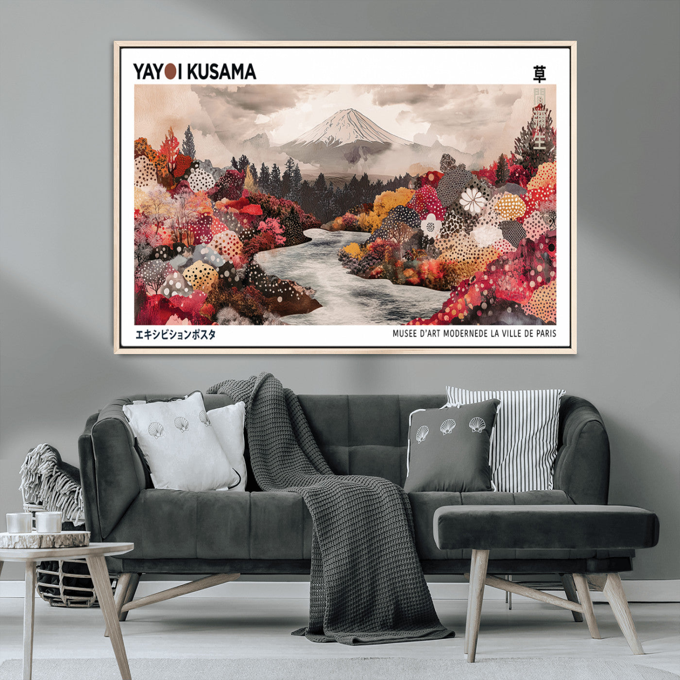32352074-MGV-CV-36X24-Modern Japanese Wall Art Canvas Print – Framed Abstract Mount Fuji Scene with Yayoi Kusama Artwork for Home, Office