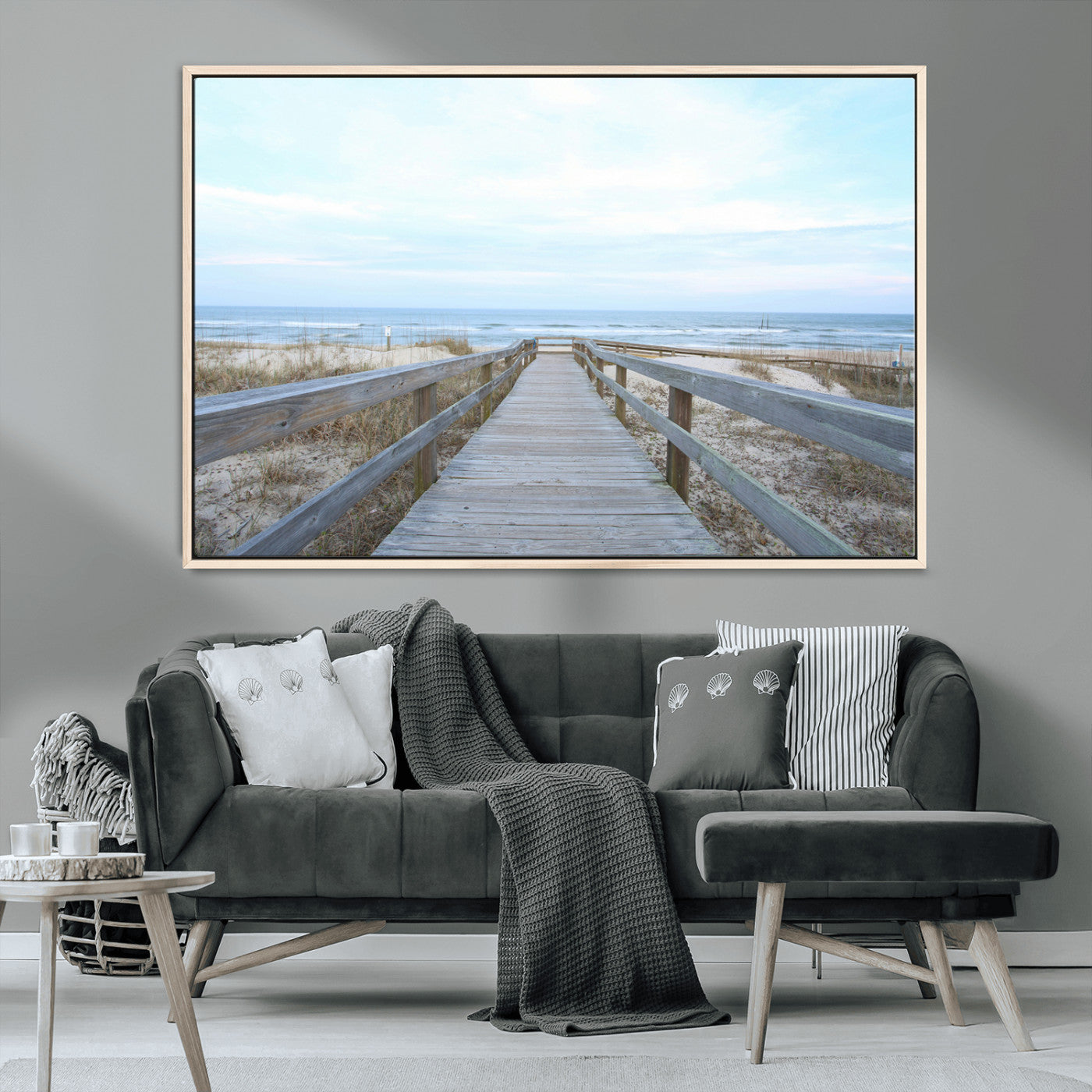 31602988-MGV-FC-36X24_Natural-Beach Boardwalk Wall Art Canvas Print – Framed Coastal Serenity Ocean View Nature Scene Artwork for Home Office