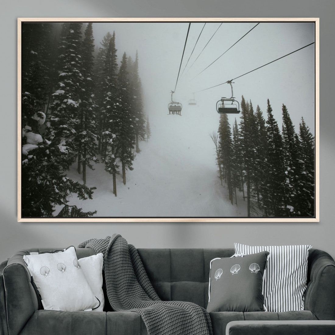 Ski Lift Wall Art Canvas Print, Framed Snowy Pines Art, Misty Landscape Winter Decor