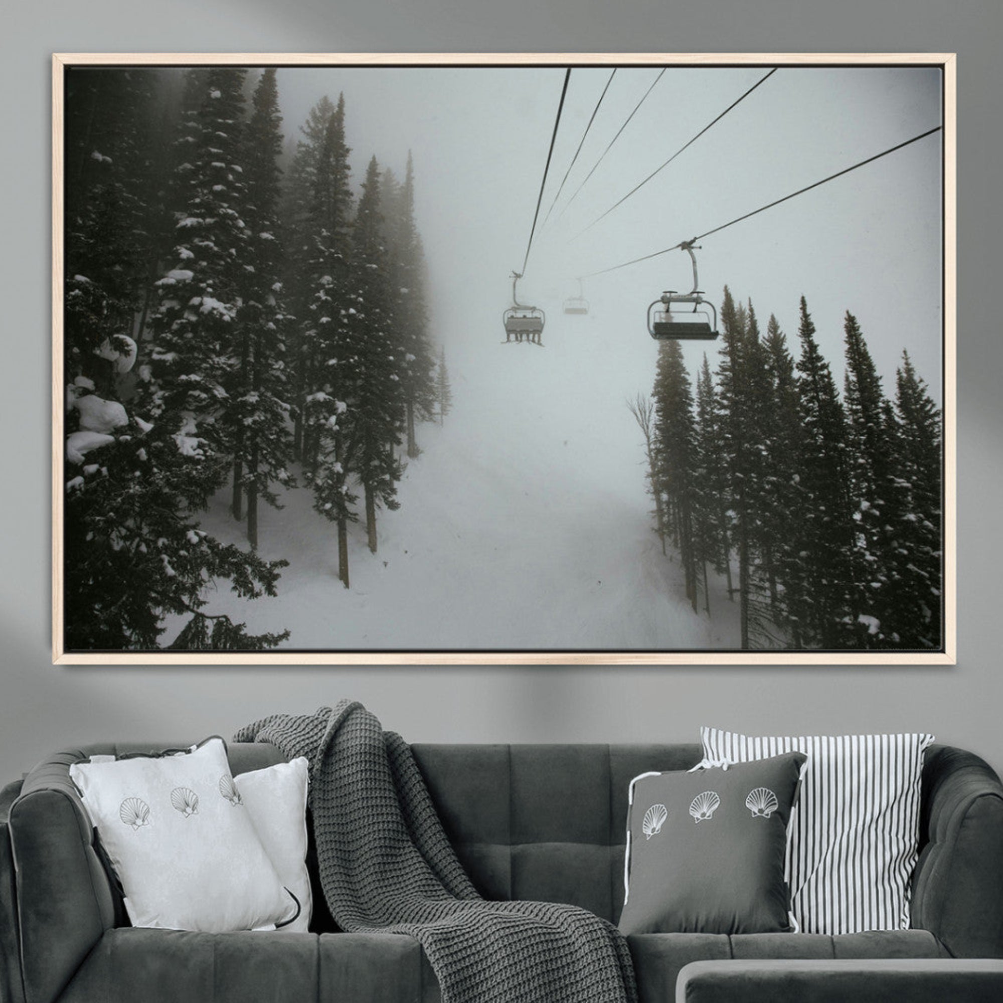 87018452-MGV-CV-36X24-Ski Lift Wall Art Canvas Print – Snowy Pines Misty Landscape Winter Serenity Artwork for Home, Office Decor