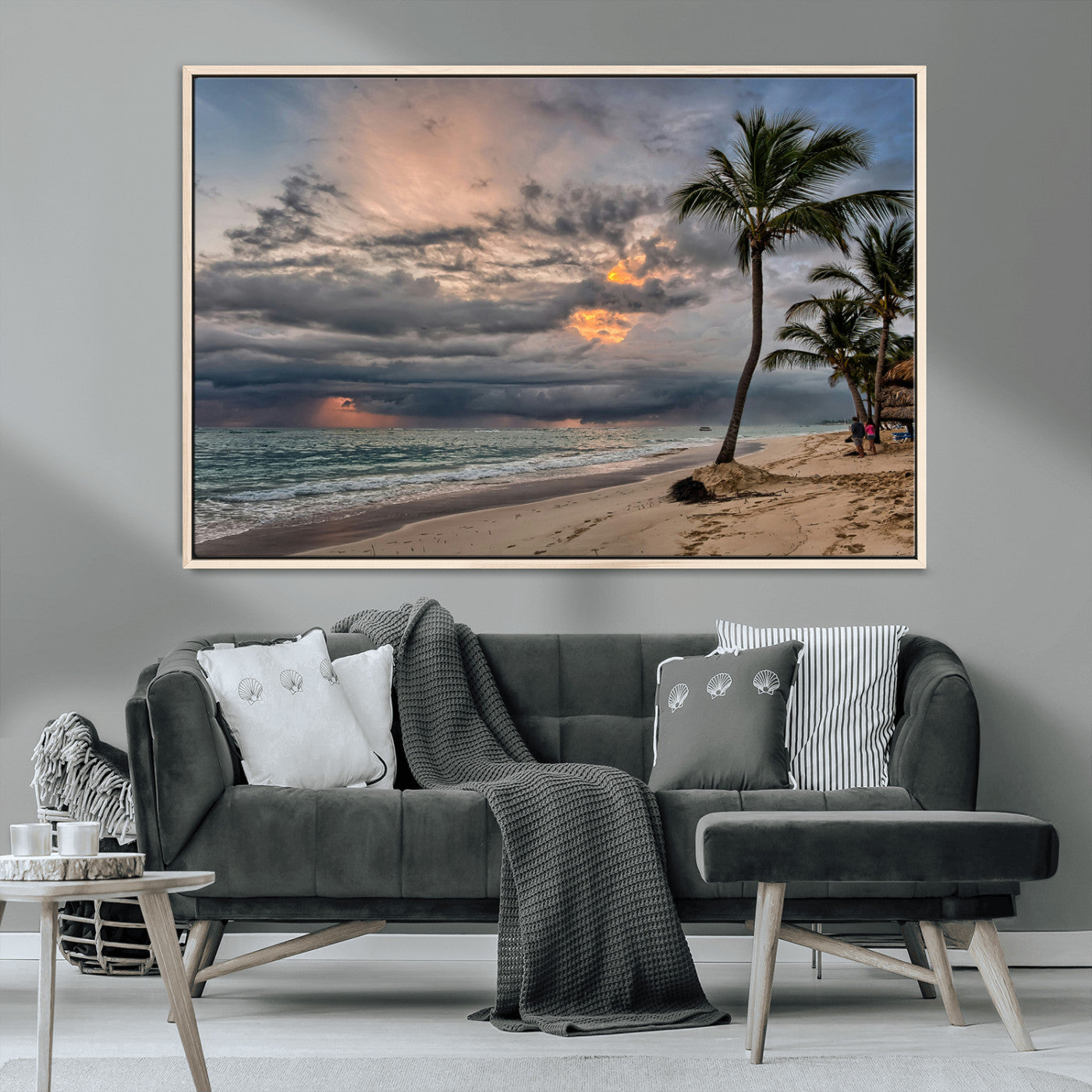 62574547-MGV-CV-36X24-Tropical Storm Wall Art Canvas Print – Framed Moody Beach Dramatic Sky Tropical Coastal Landscape Artwork for Home, Office