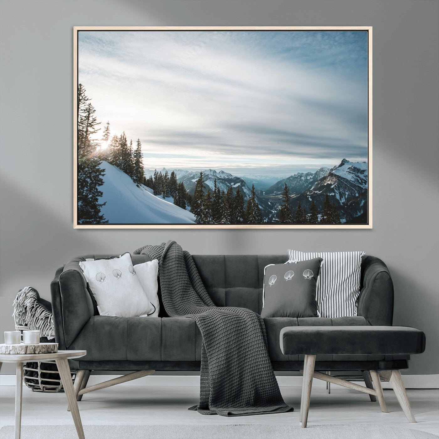 55564749-MGV-CV-36X24-Snowy Mountains Wall Art Canvas Print – Framed Alpine Landscape Frosty Peaks Nordic Minimalist Nature Artwork for Home, Office