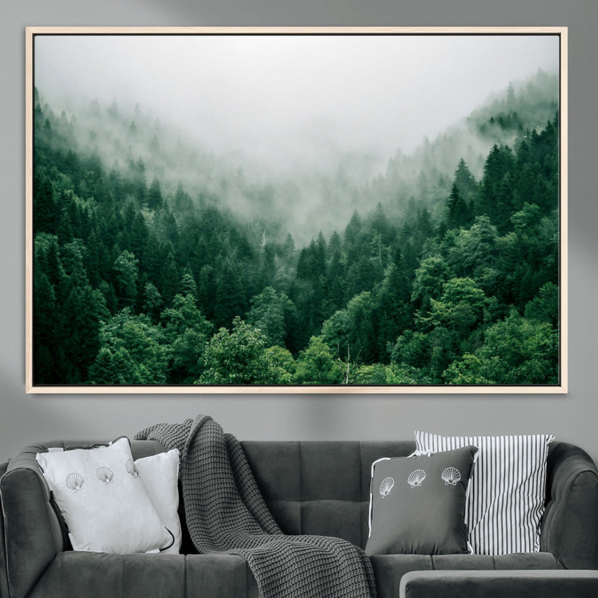45265379-MGV-CV-36X24-Misty Green Forest Canvas Print – Framed Serene Foggy Pine Landscape Tranquil Nature Wall Art for Home, Office