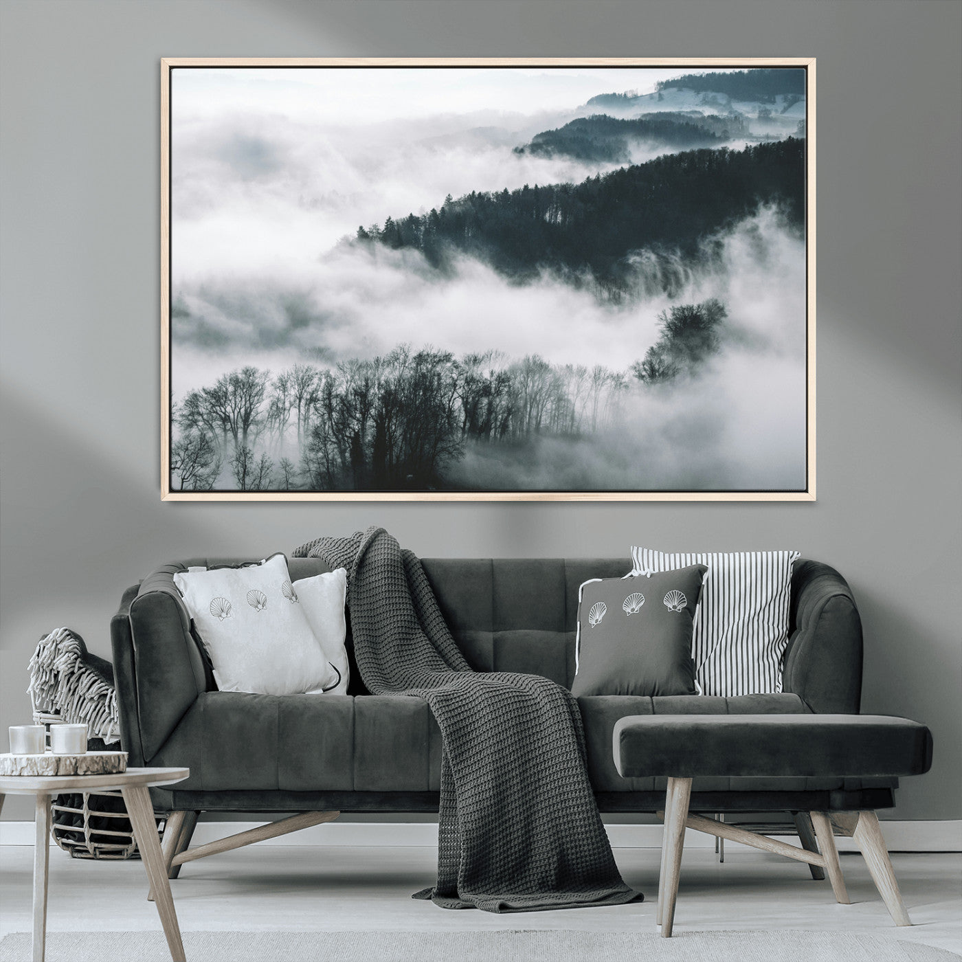 67569654-MGV-CV-36X24-Foggy Forest Landscape Wall Art Canvas Print – Misty Mountain Valley Scene Monochrome Tones Nature Artwork for Home Office