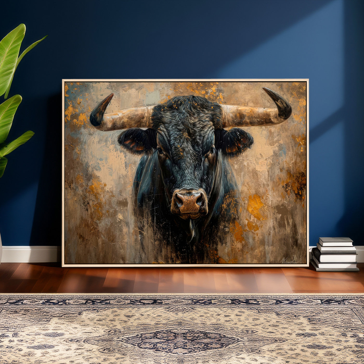 91615410-MGV-CV-36X24 - Abstract Texas Longhorn Bull Wall Art – Rustic Farmhouse Canvas Print, Western Cabin Style Decor, Large Animal Artwork for Living Room or Office