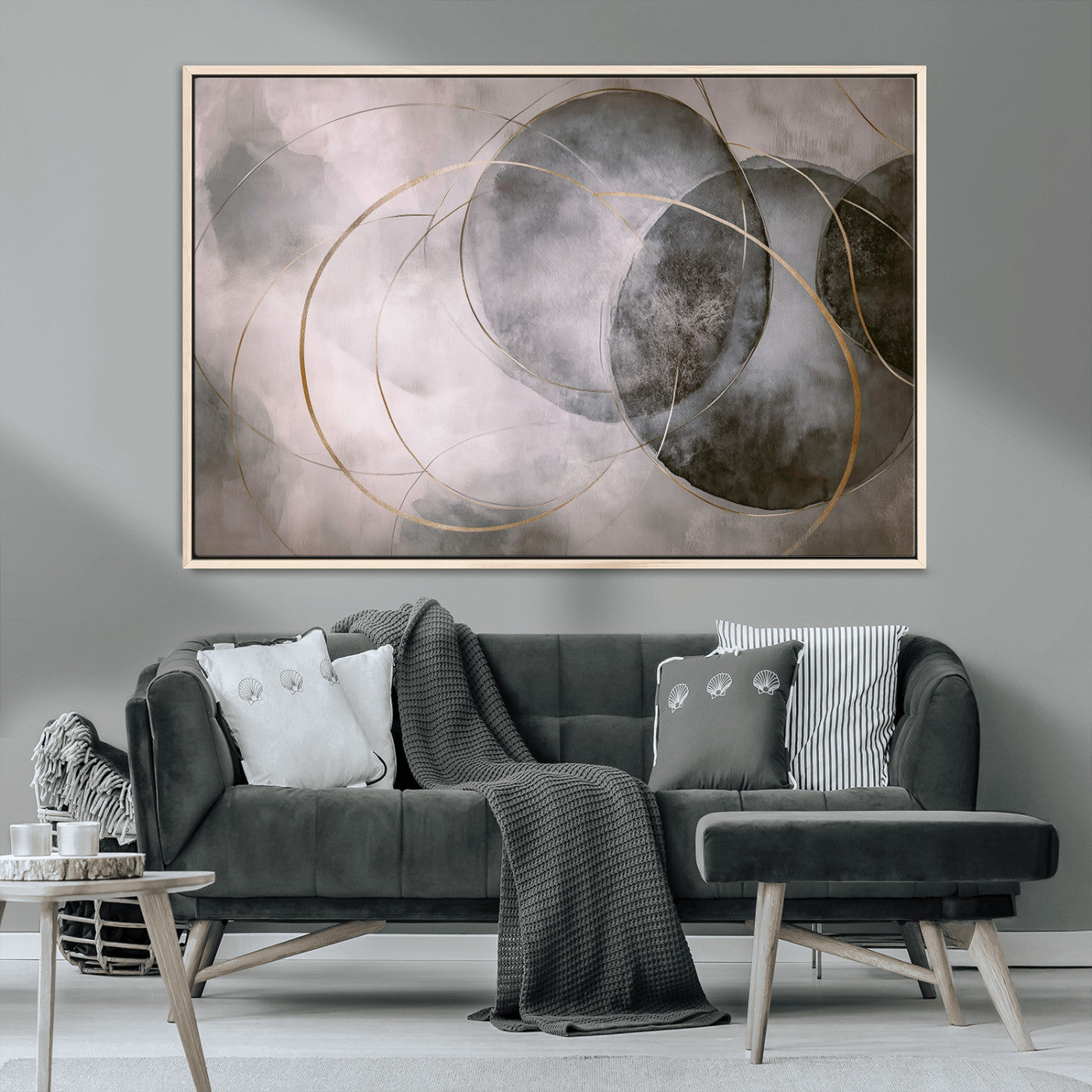 20066876-MGV-CV-36X24-Abstract Grey Gold Circle Wall Art – Modern Geometric Canvas Artwork, Minimal Elegant Design, Luxury Wall Decor for Home, Office