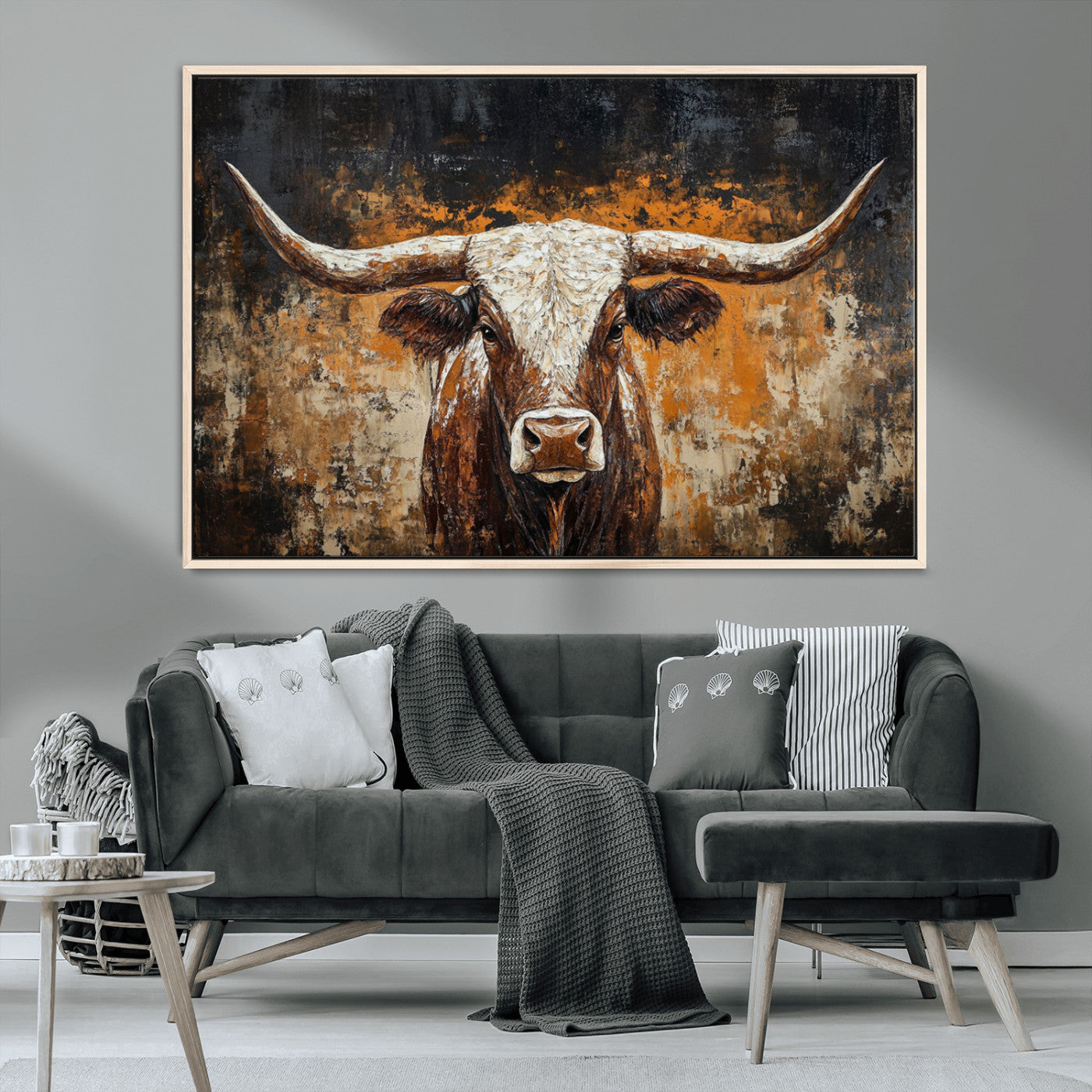 25265572-MGV-CV-36X24-Rustic Longhorn Bull Wall Art Canvas Print – Vintage Western Cattle Scene, Texas Steer Artwork for Home, Office
