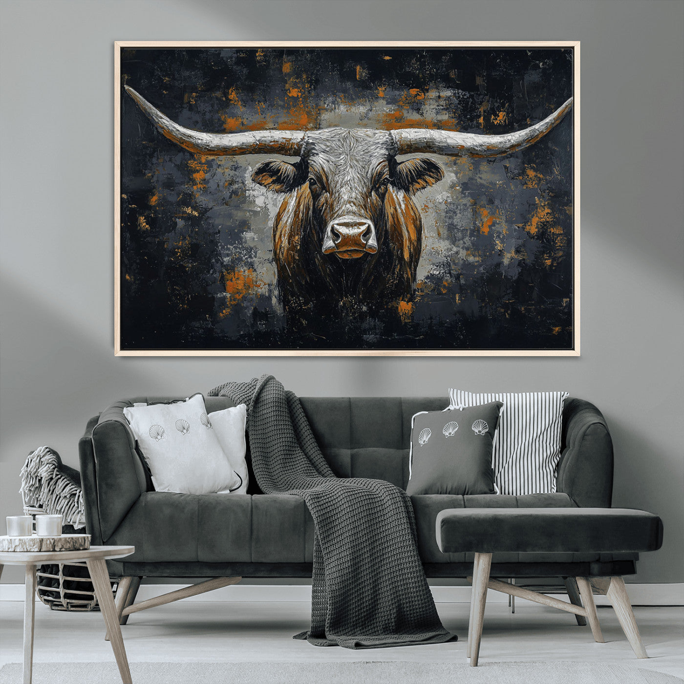 93195031-MGV-CV-36X24-Rustic Longhorn Bull Wall Art Canvas Print – Vintage Western Cattle Scene, Texas Steer Artwork for Home, Office