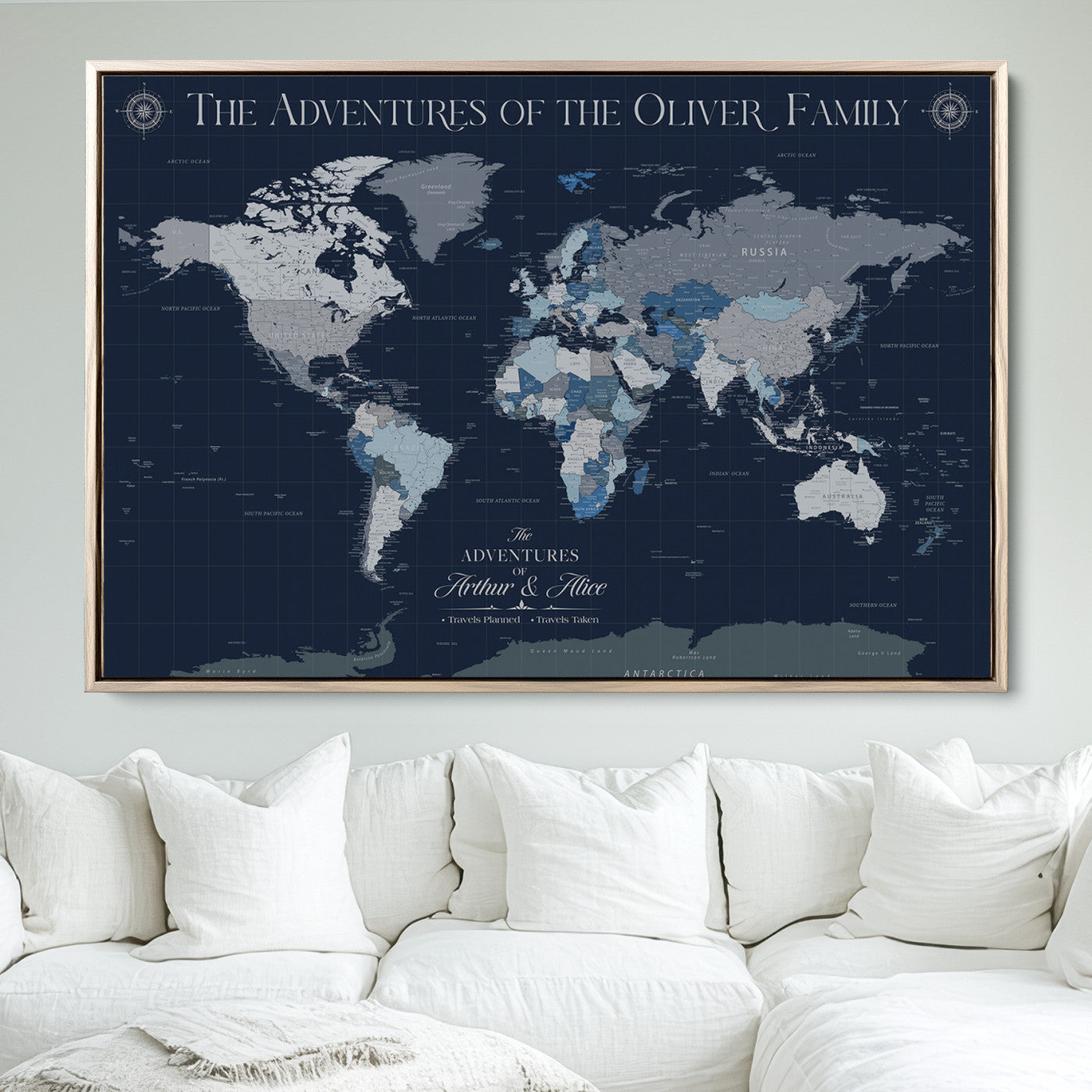 -Personalized Family Adventure World Map – Custom Framed Push Pin Travel Tracker Canvas, Elegant Wall Art for Home, Office