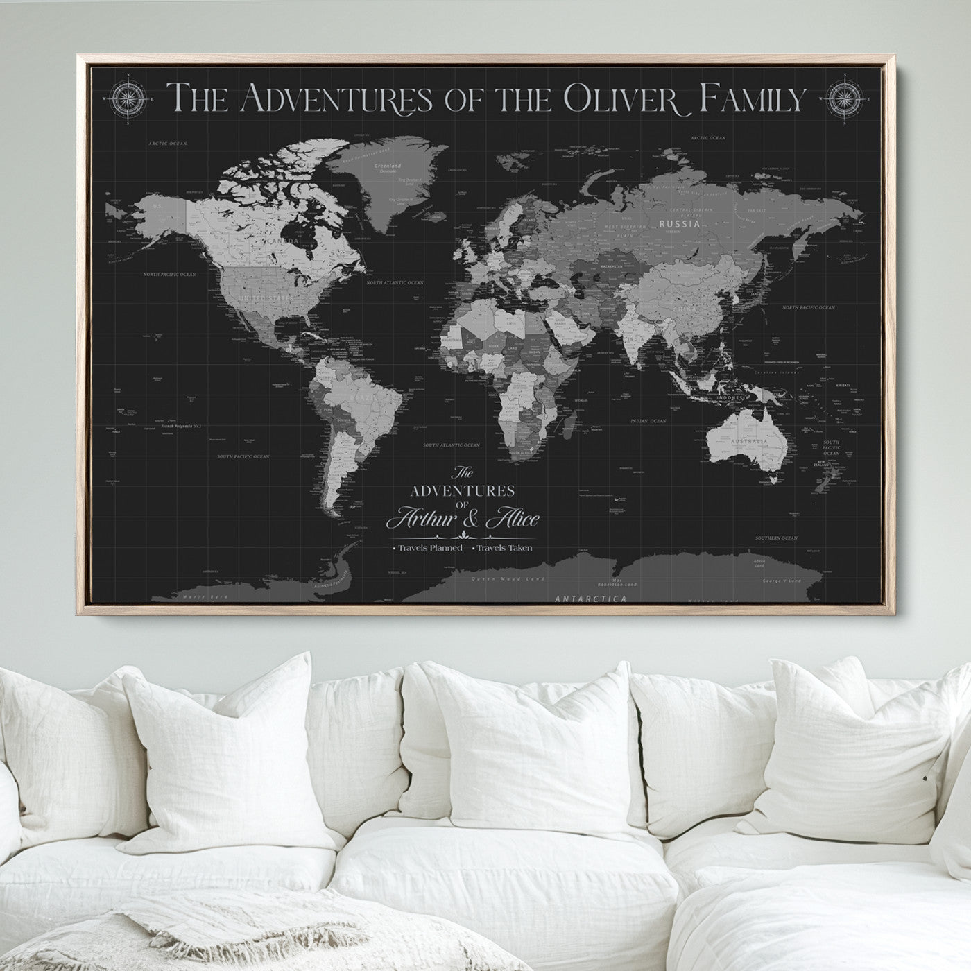 -Personalized Family World Map Canvas – Custom Framed Push Pin Travel Tracker, Modern Adventure Wall Art for Home, Office