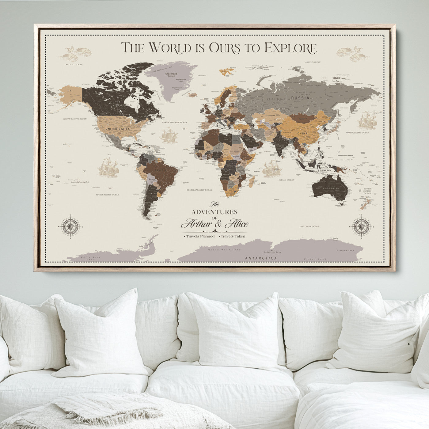 -Personalized World Map Canvas Custom Framed Push Pin Travel Tracker Contemporary Wall Art Gift Couples Explorers Home Office