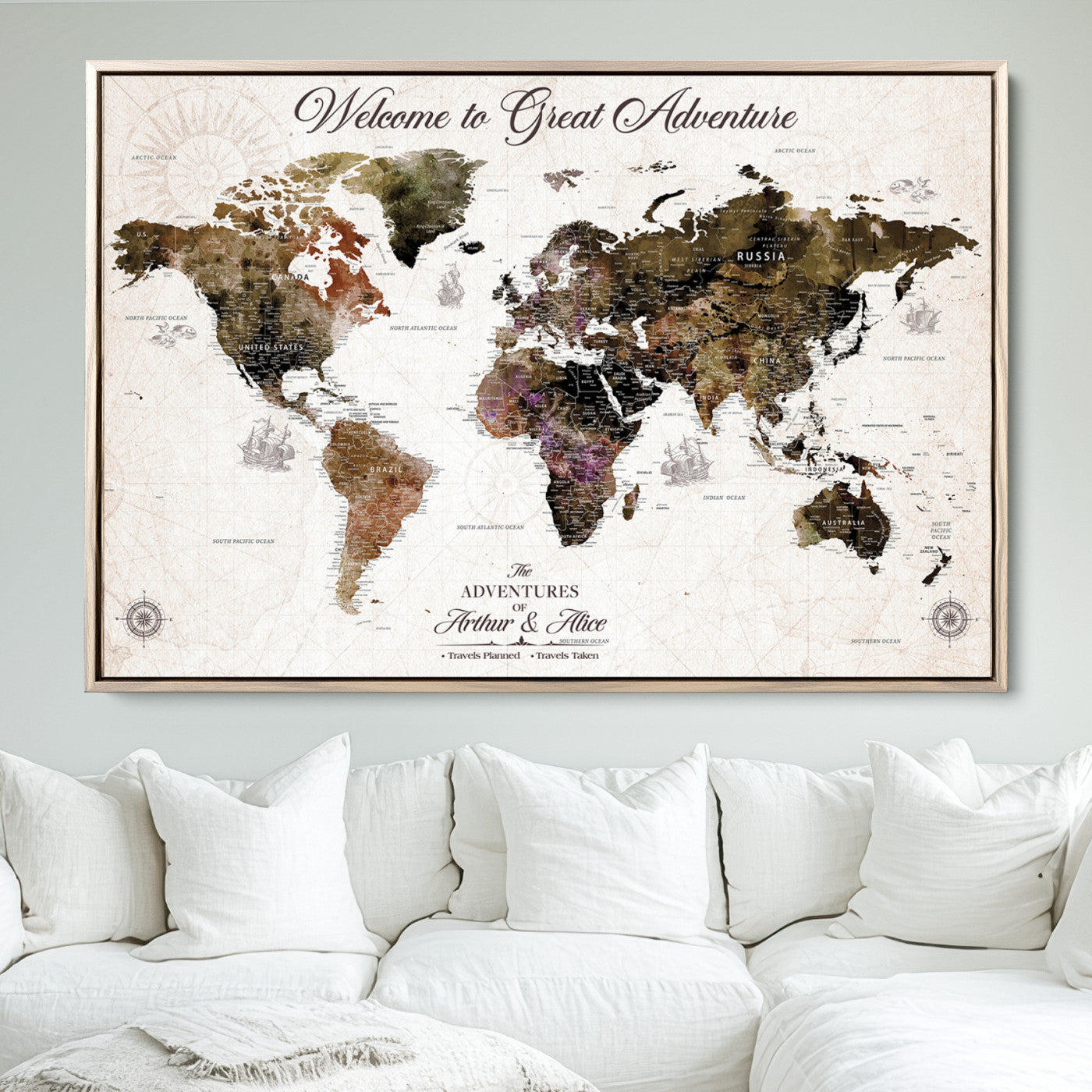 -Personalized World Map Canvas Custom Framed Push Pin Travel Tracker Vintage Adventure Wall Art Gift Couples Travelers Home, Office