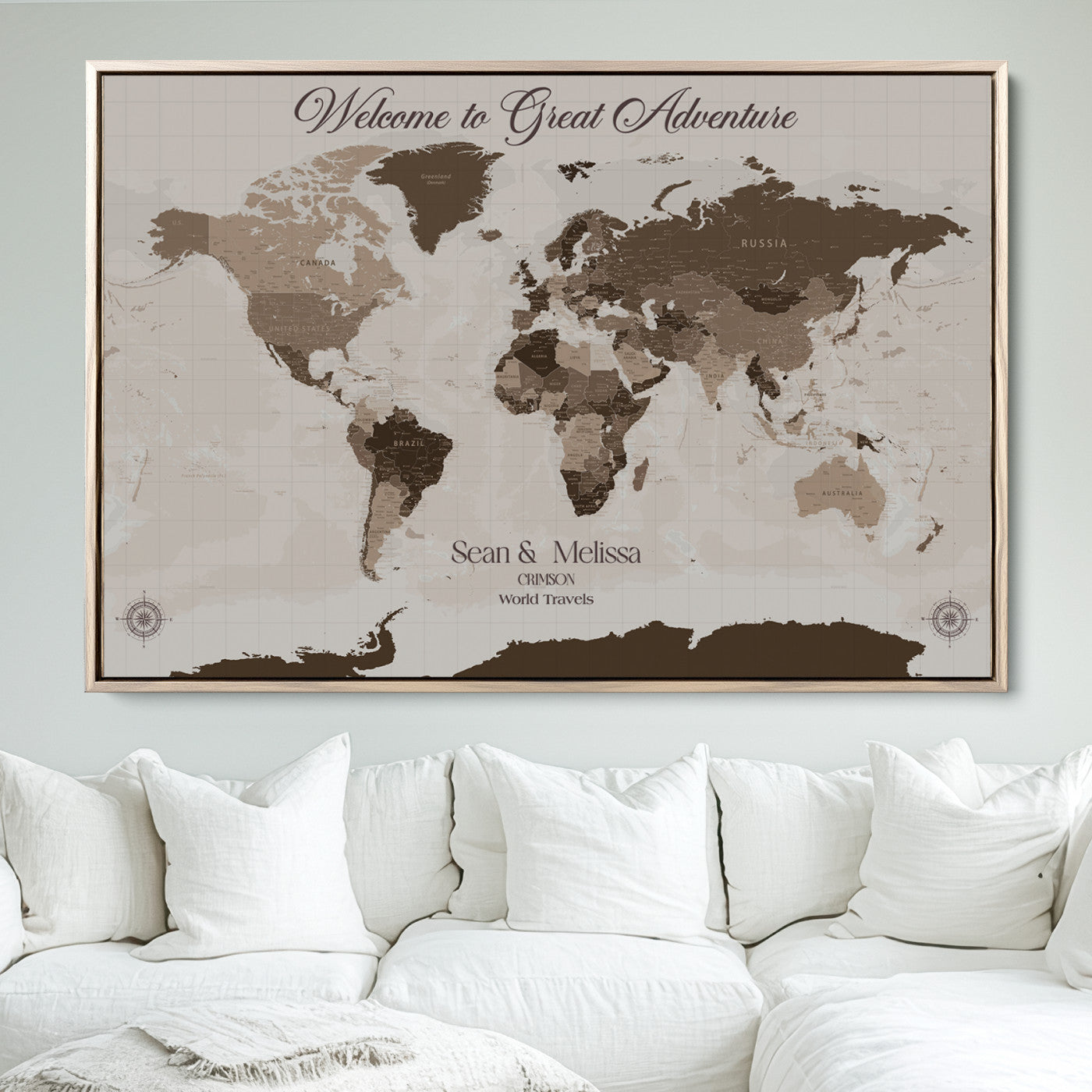 -Personalized World Map Canvas Custom Framed Push Pin Travel Tracker Modern Minimalist Wall Art Gift Couples for Home, Office