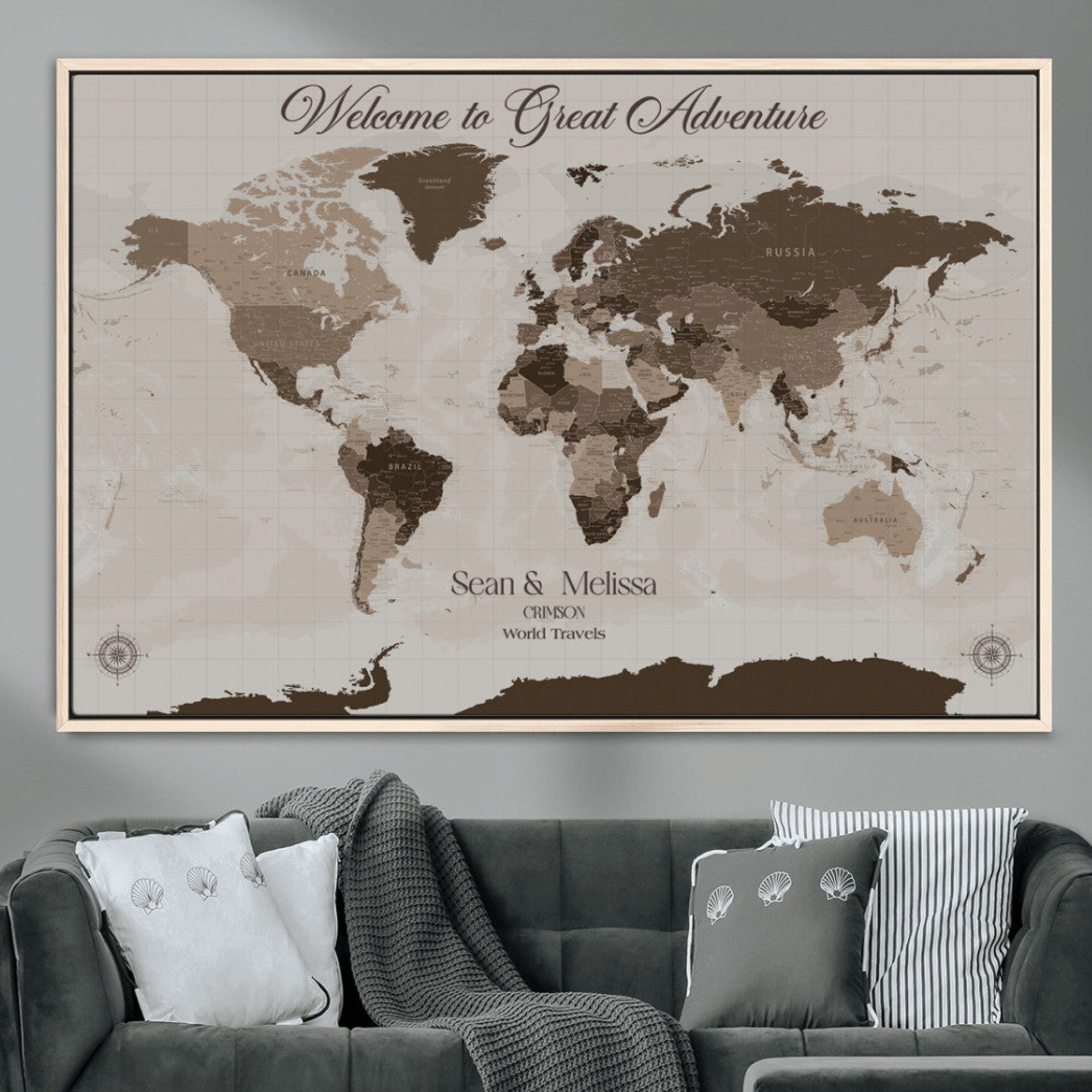 Rehber01-MGV-CV-36X24-Custom Push Pin World Map Wall Art Canvas Print – Personalized Travel Tracker with Pins Framed Large for home, office