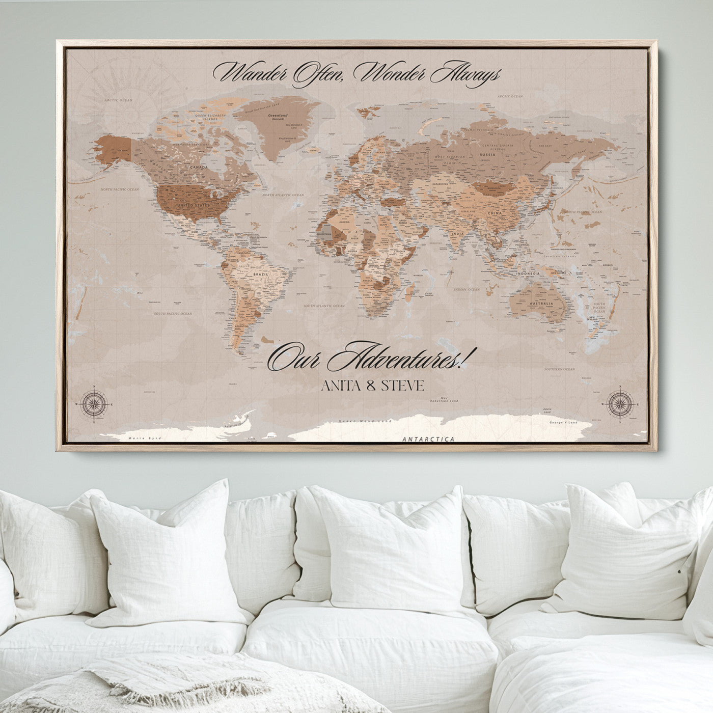 -Personalized World Map Canvas Custom Framed Push Pin Travel Tracker Elegant Neutral Wall Art Gift Couples Travelers for Home, Office