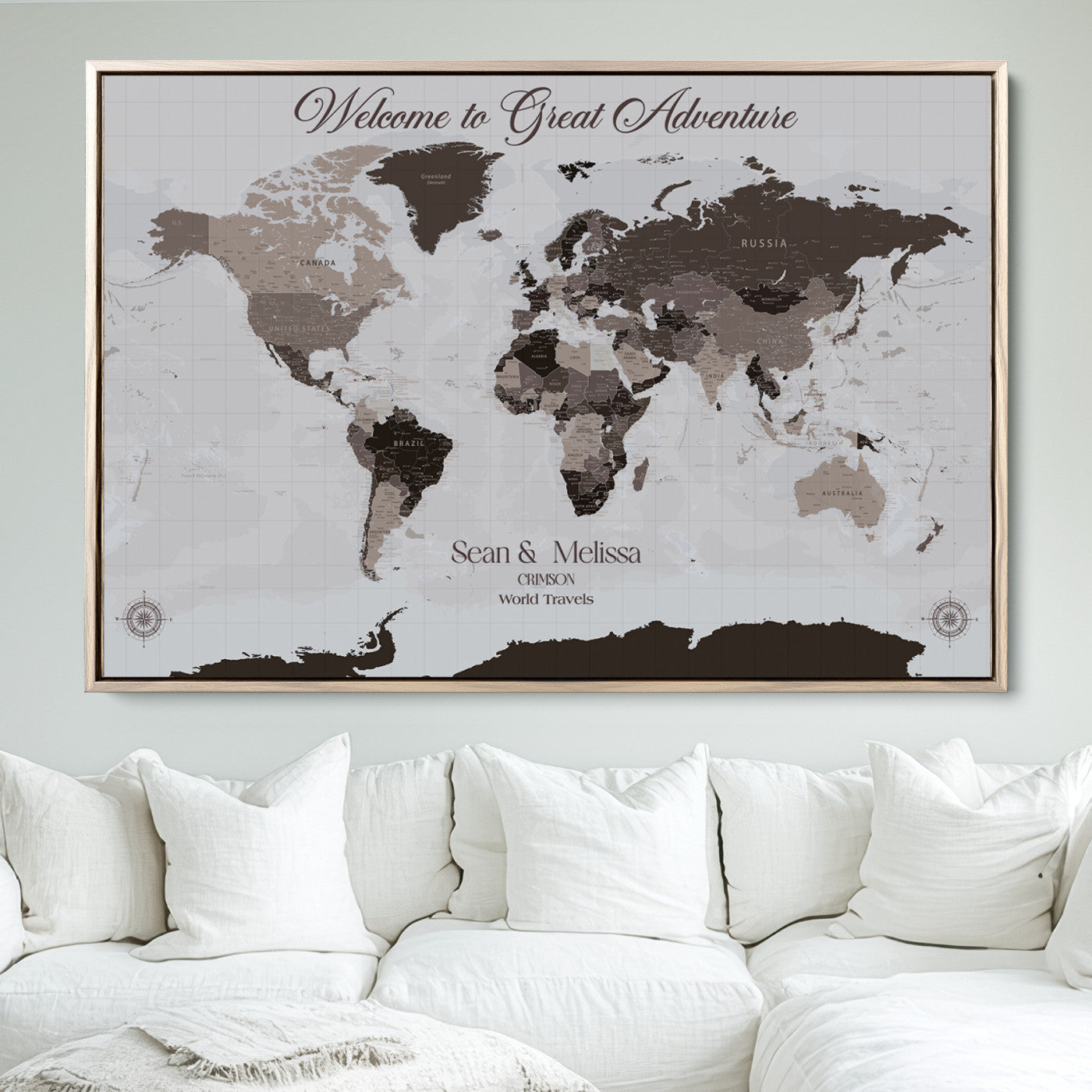 -Personalized Gray Brown World Map Canvas Custom Framed Push Pin Travel Tracker Modern Neutral Wall Art Gift Couples for Home, Office