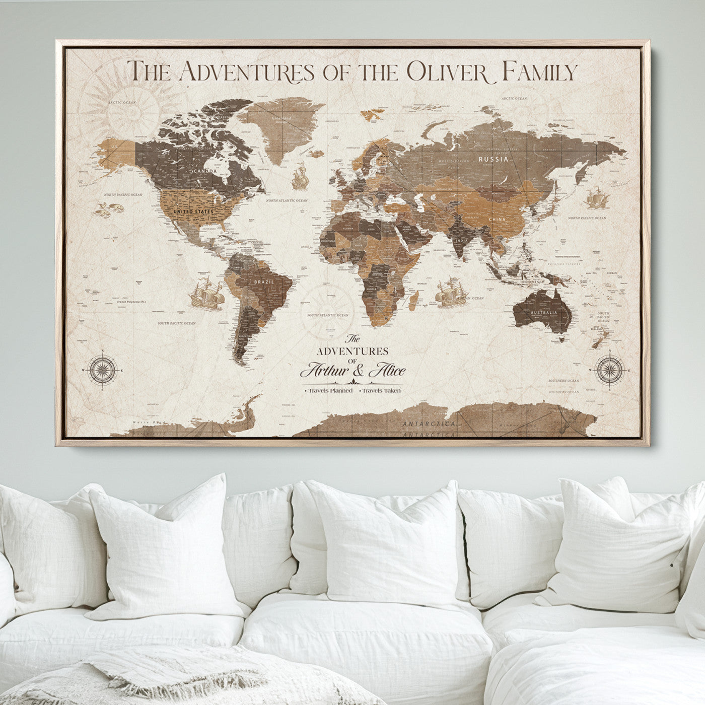 84483613-MGV-FC-36X24_Natural-Personalized Push Pin World Map Canvas Print Custom Family Travel Tracker Map Framed Adventure Gift for Couples Home Office