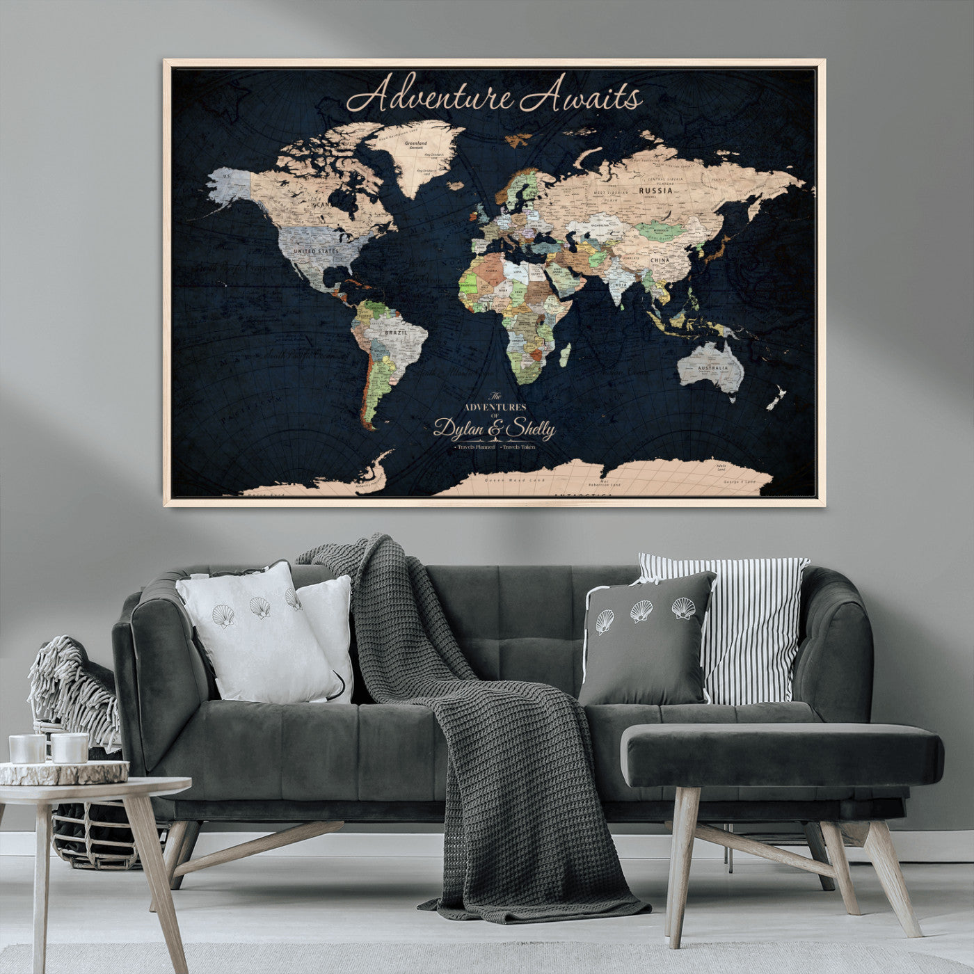 Rehber01-MGV-CV-36X24-Personalized World Map Canvas Print – Framed Push Pin Travel Wall Art for Couples – Adventure & Anniversary Gift