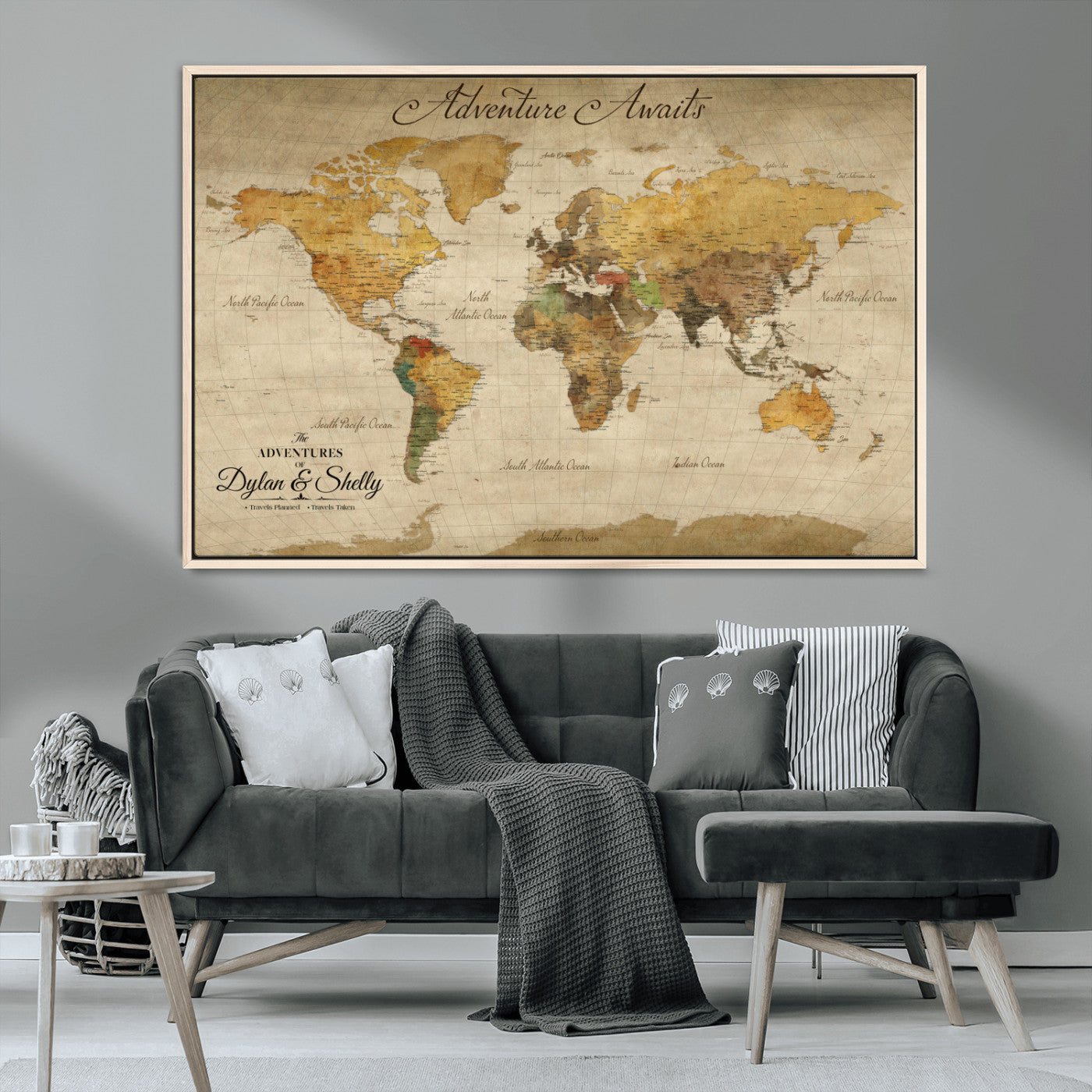 50298017-MGV-FC-36X24_Natural-Personalized World Map Canvas – Custom Framed Push Pin Travel Map Wall Art, Vintage Style Gift for Couples and Travelers