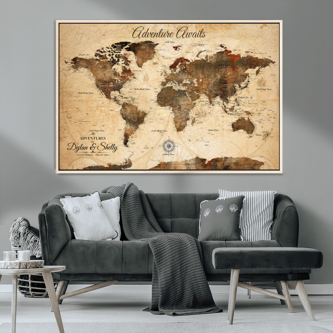 Rehber01-MGV-CV-36X24-Personalized World Map Canvas Wall Art – Custom Framed Push Pin Travel Tracker Print, Unique Gift for Home or Office Decor