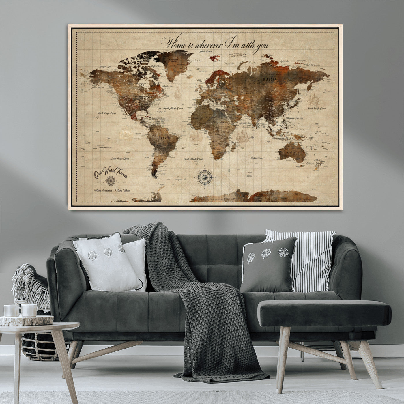 Rehber01-MGV-CV-36X24-Personalized World Map Print, Customizable Push Pin Framed World Map Print on Canvas - Custom Quote