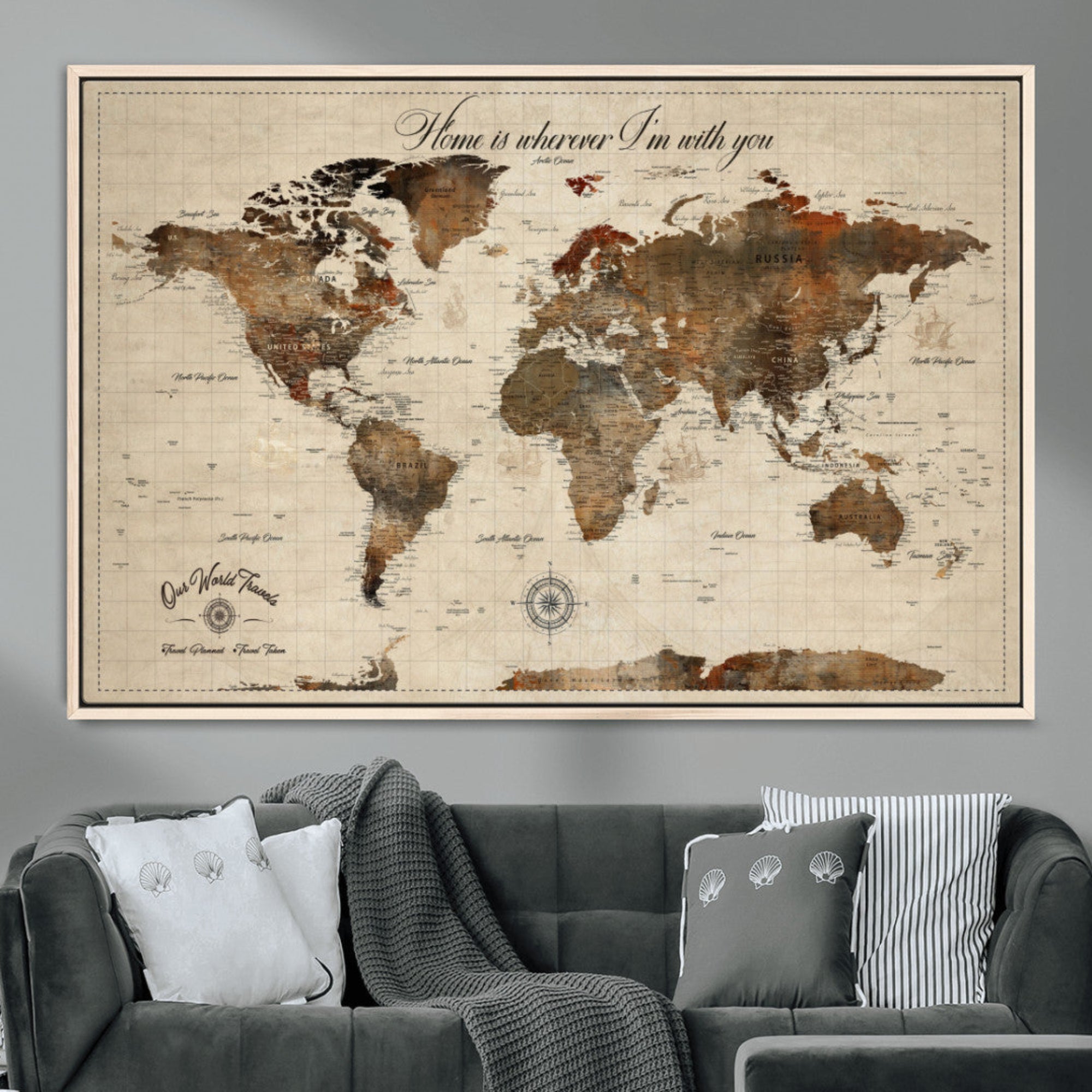 Rehber01-MGV-CV-36X24-Personalized World Map Canvas Wall Art – Custom Framed Push Pin Travel Tracker Print, Unique Gift for Home or Office Decor