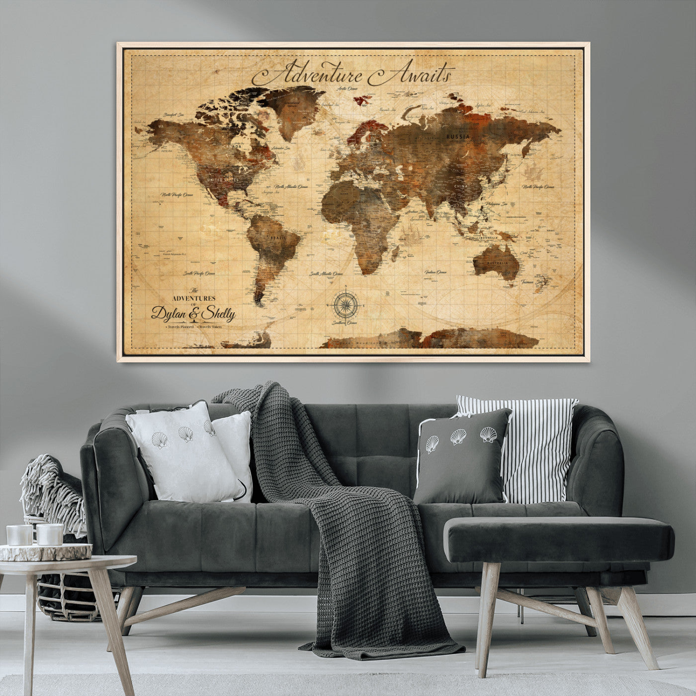 Rehber01-MGV-CV-36X24-Personalized World Map Canvas Wall Art – Custom Framed Push Pin Travel Tracker Print, Unique Gift for Home or Office Decor