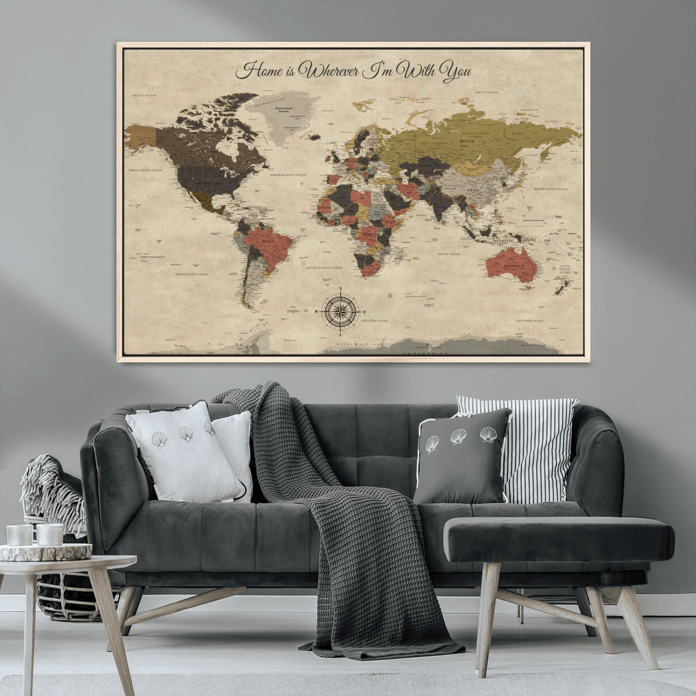 -Personalized World Map Wall Art Canvas Print – Customizable Push Pin Framed Travel Map Artwork for Home Office