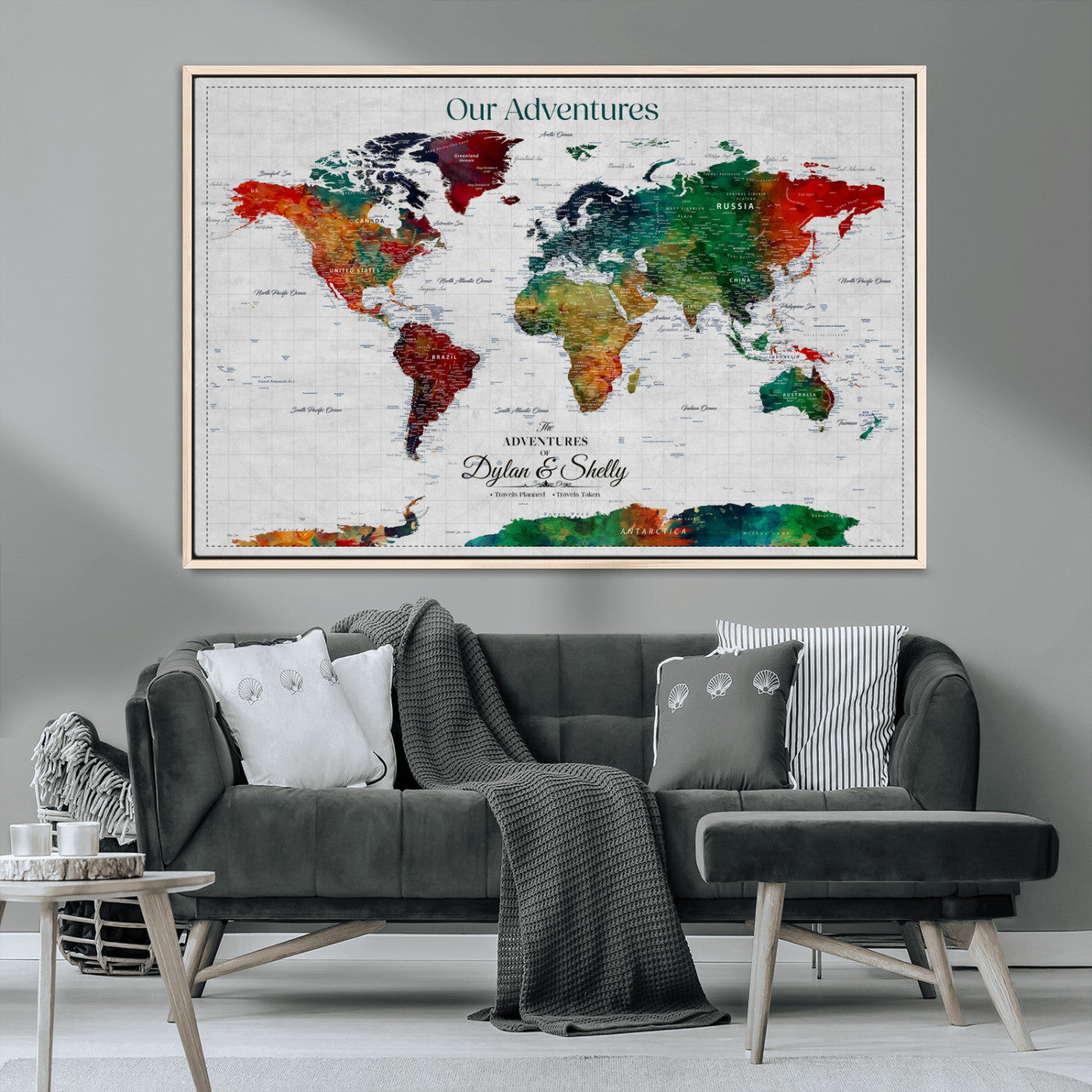 Rehber01-MGV-CV-36X24-Personalized World Map Canvas Wall Art – Custom Framed Push Pin Travel Tracker Print, Unique Gift for Home or Office Decor