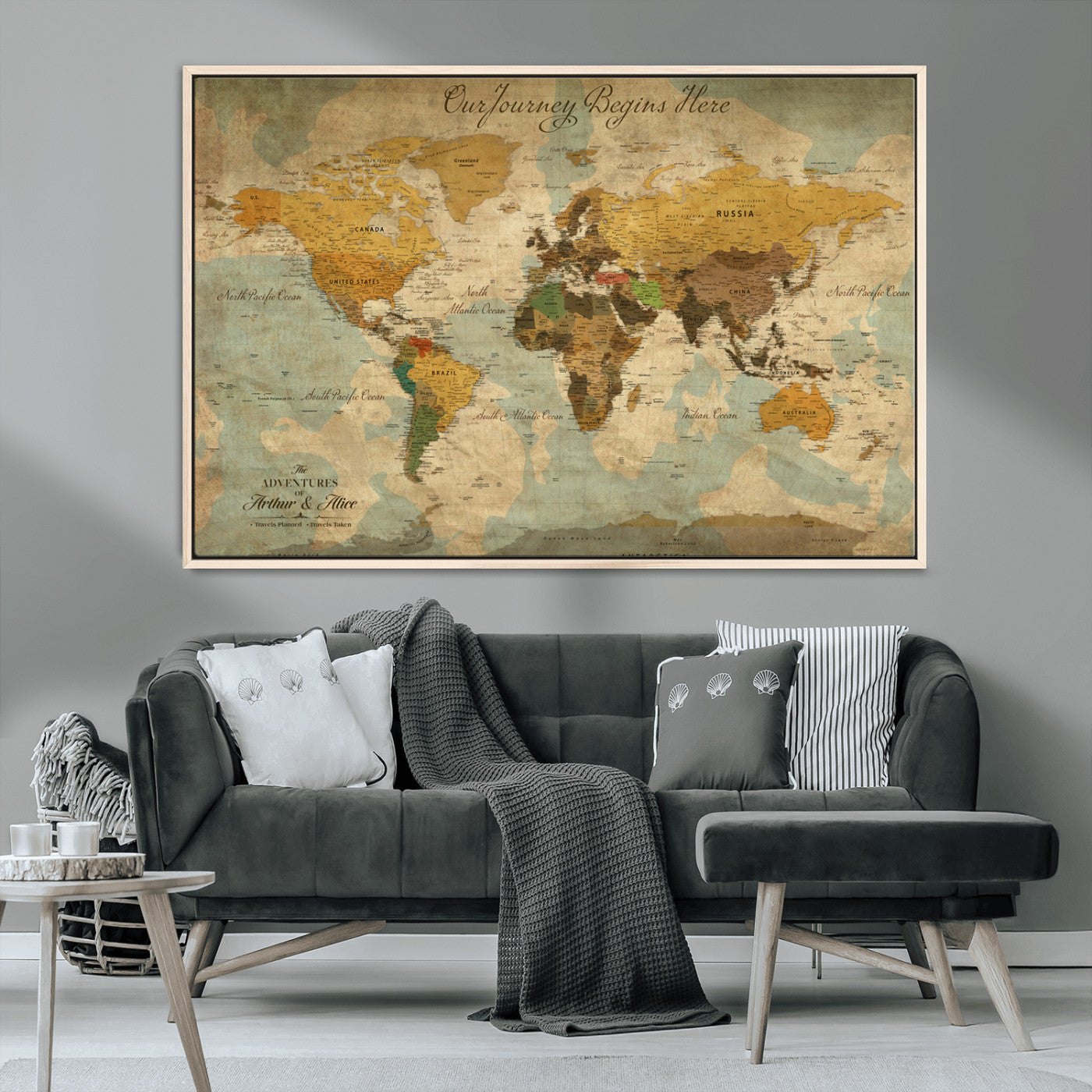 Rehber01-MGV-CV-36X24-Personalized World Map Canvas Wall Art – Custom Framed Push Pin Travel Tracker Print, Unique Gift for Home or Office Decor
