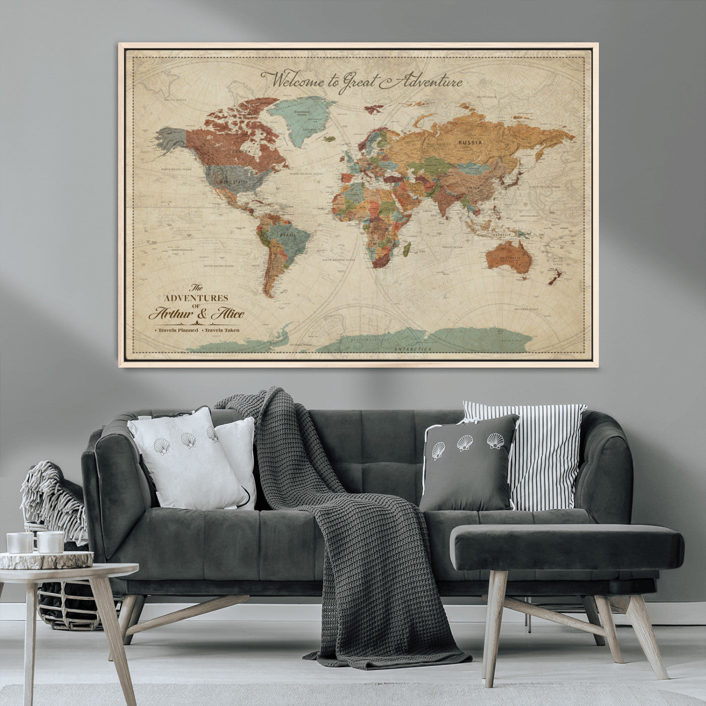 -Personalized World Map Canvas Wall Art – Custom Framed Push Pin Travel Tracker Print, Unique Gift for Home or Office Decor