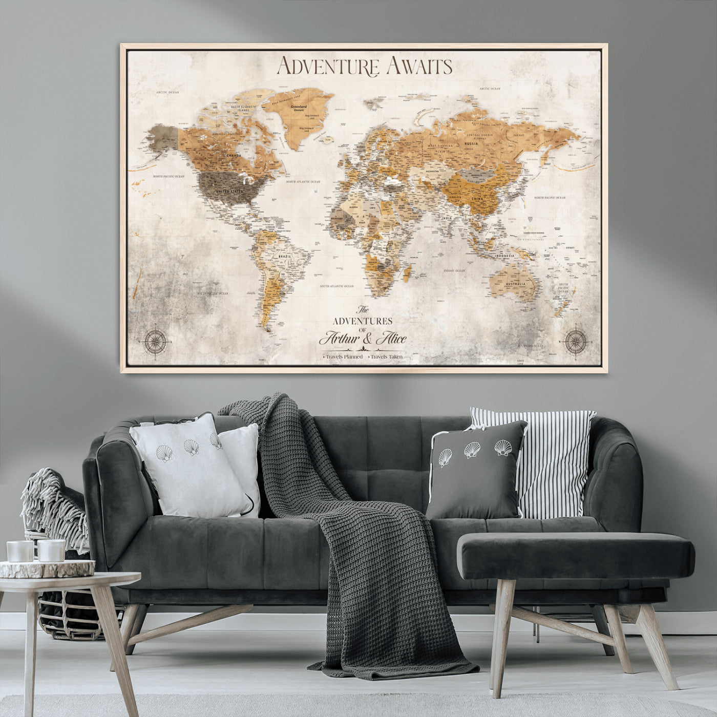 Rehber01-MGV-CV-36X24-Personalized World Map Canvas Print – Custom Push Pin Travel Map Vintage Neutral Style Gift for Couples Travelers for Home Office