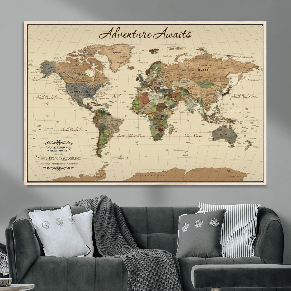 31875069-MGV-FC-36X24 - Customizable Push Pin World Map Wall Canvas Print – Personalize Travel Tracker with Pins – Framed Custom Quotie Canvas for Home Office Decor