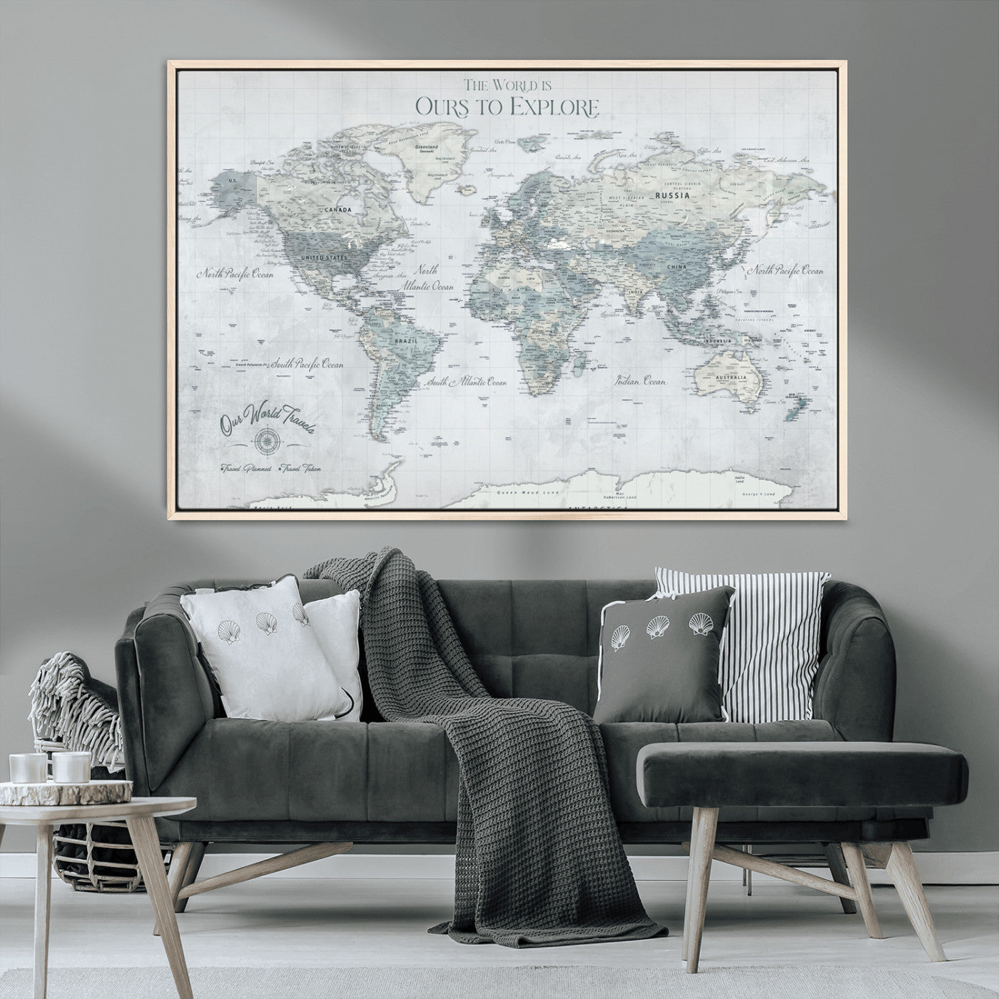Rehber01-MGV-CV-36X24-Personalized Push Pin World Map Canvas Print – Custom Framed Travel Tracker Wall Art Large Map Artwork for Home, Office