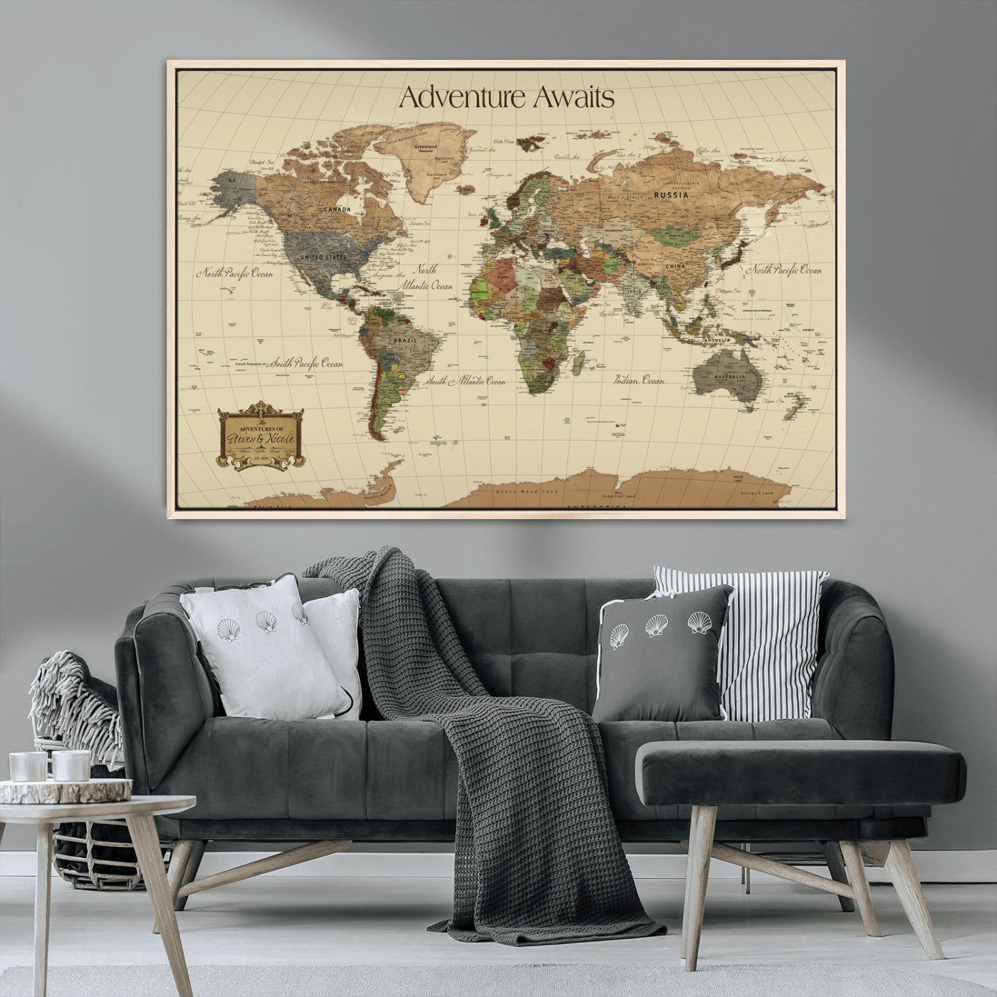 Rehber01-MGV-CV-36X24-Custom Push Pin World Map Wall Art Canvas Print – Personalized Travel Tracker Adventure Destination Gift for Home Office