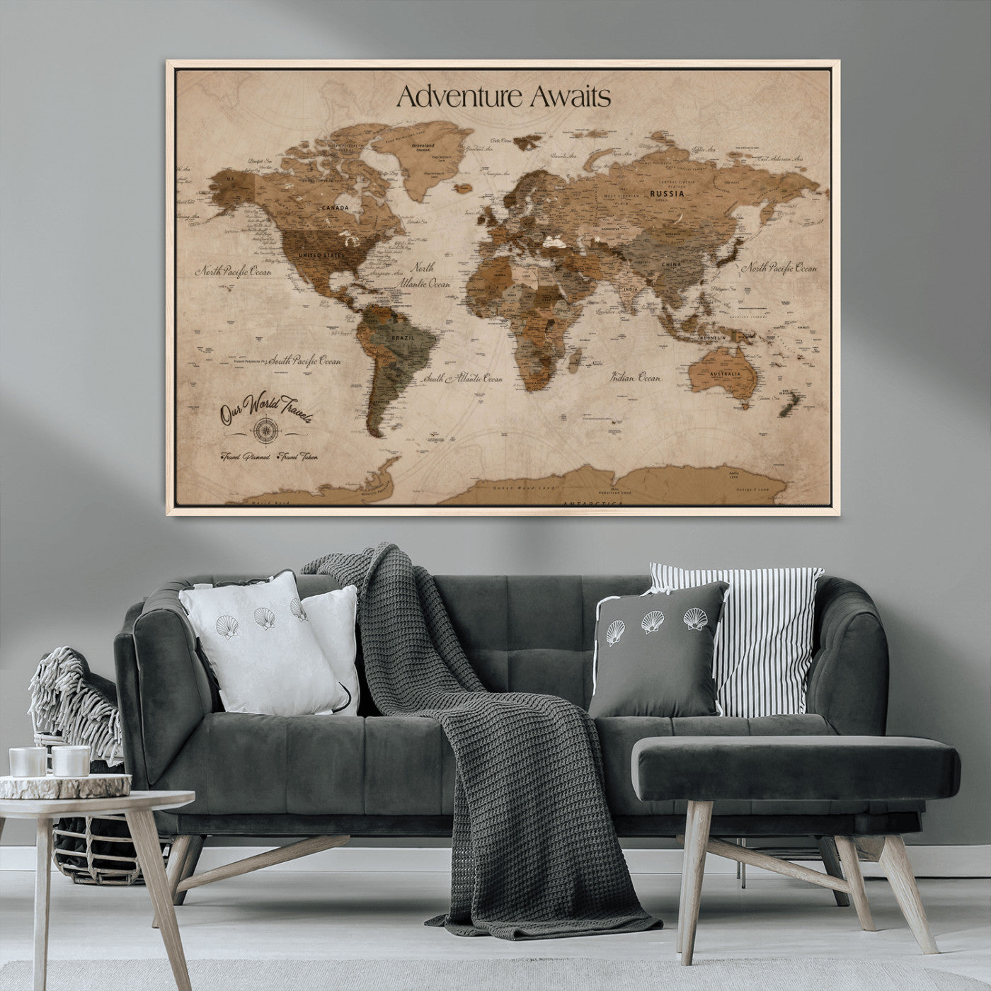 Rehber01-MGV-CV-36X24-Personalized Framed World Map Wall Art Canvas – Custom Push Pin Travel Map with 100 Pins Foam Backing for Home Office