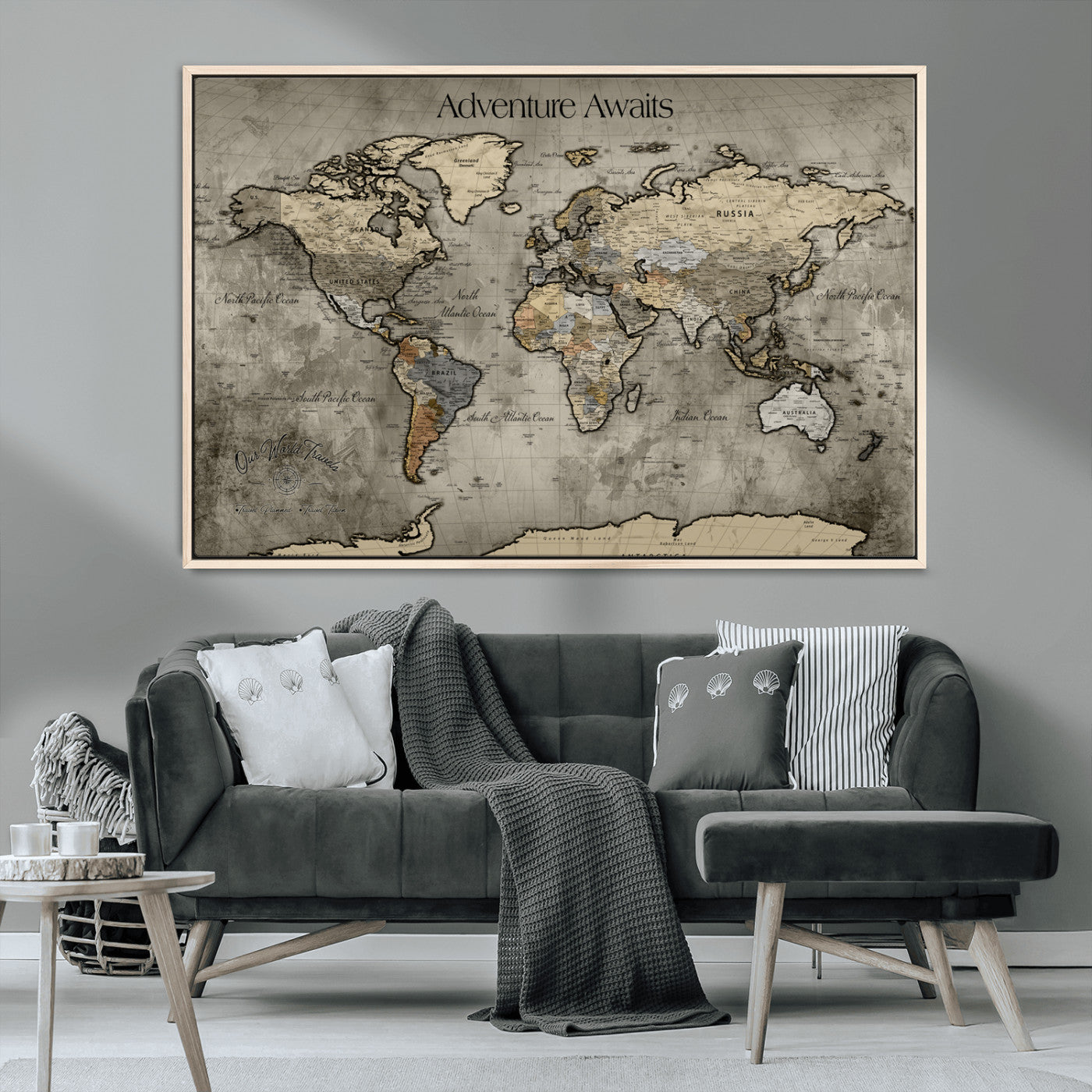 -Tree Rings Wall Art Canvas Print, Framed Wood Texture Art Picture Print, Blue Grain Perfect Rustic