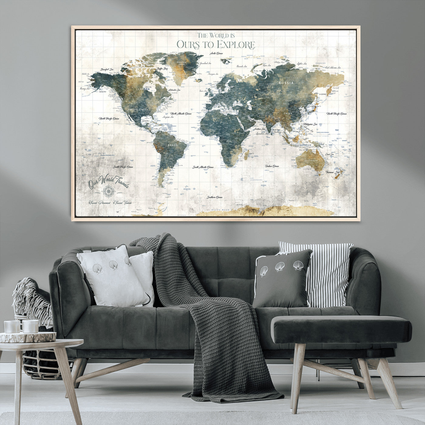 -Custom Push Pin World Map Wall Art Canvas Print – Adventure Travel Tracker Map with Pins Artwork for Home Office