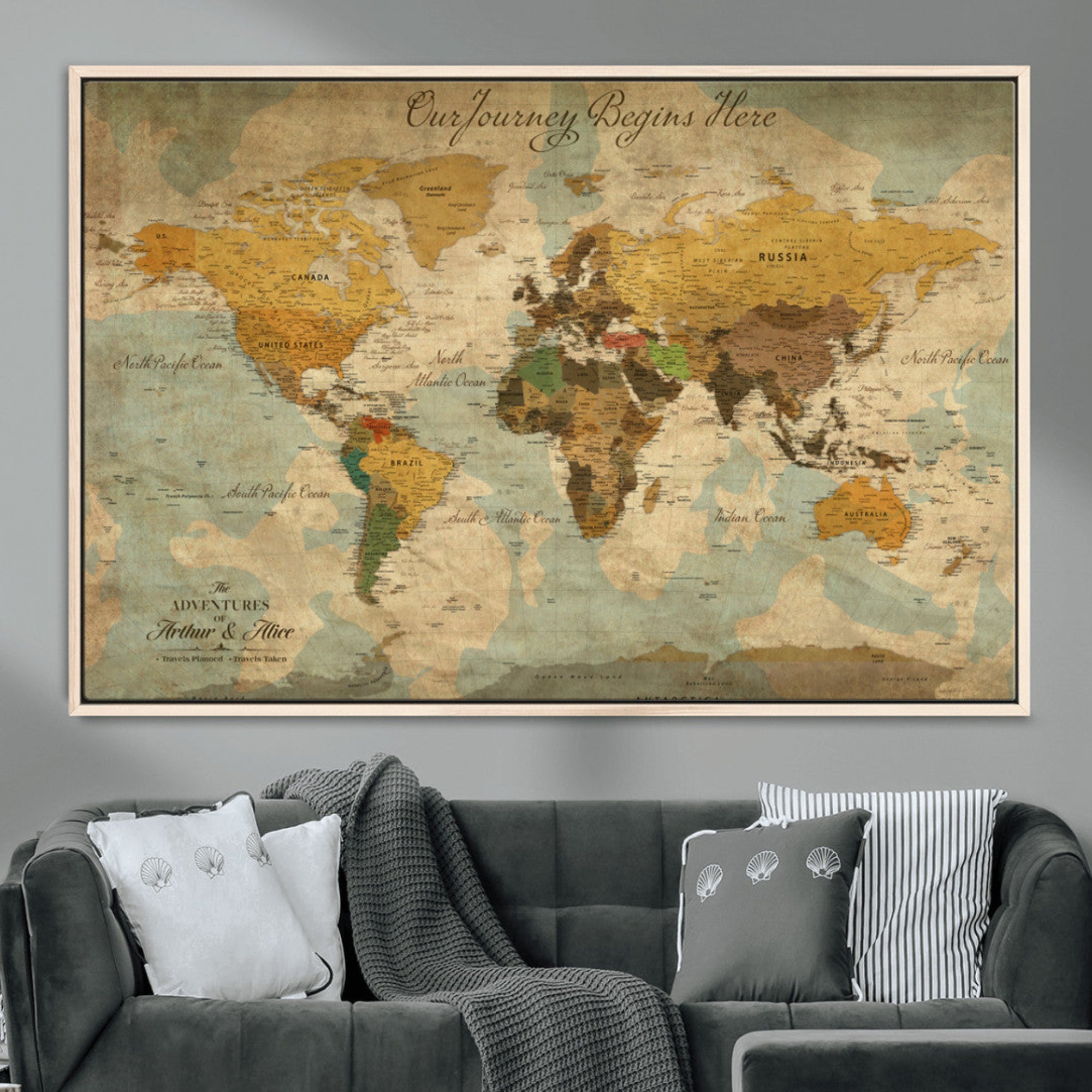 40572820-MGV-CV-36X24-Personalized World Map Canvas – Custom Framed Push Pin Travel Map Wall Art, Vintage Style Gift for Couples