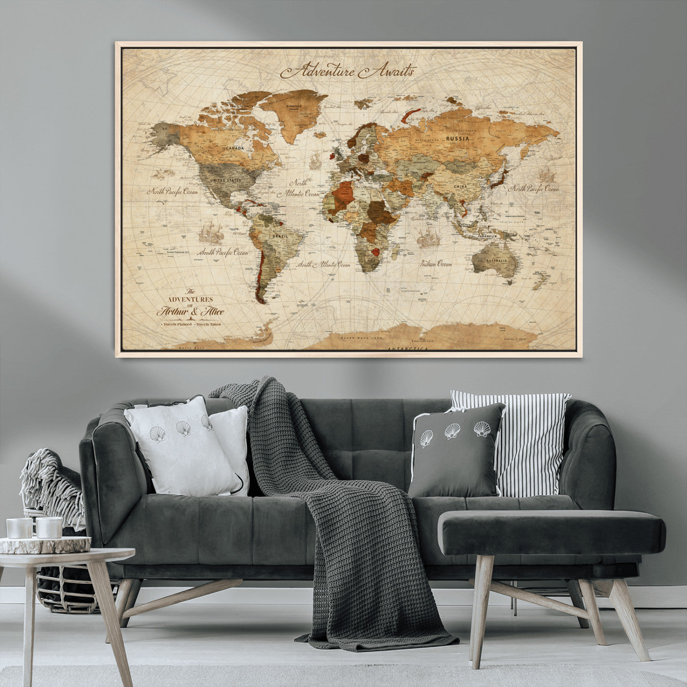 Rehber01-MGV-CV-36X24-Customizable Framed World Map Canvas Print – Personalized Push Pin Travel Map Gift for Couples Explorers for Home, Office