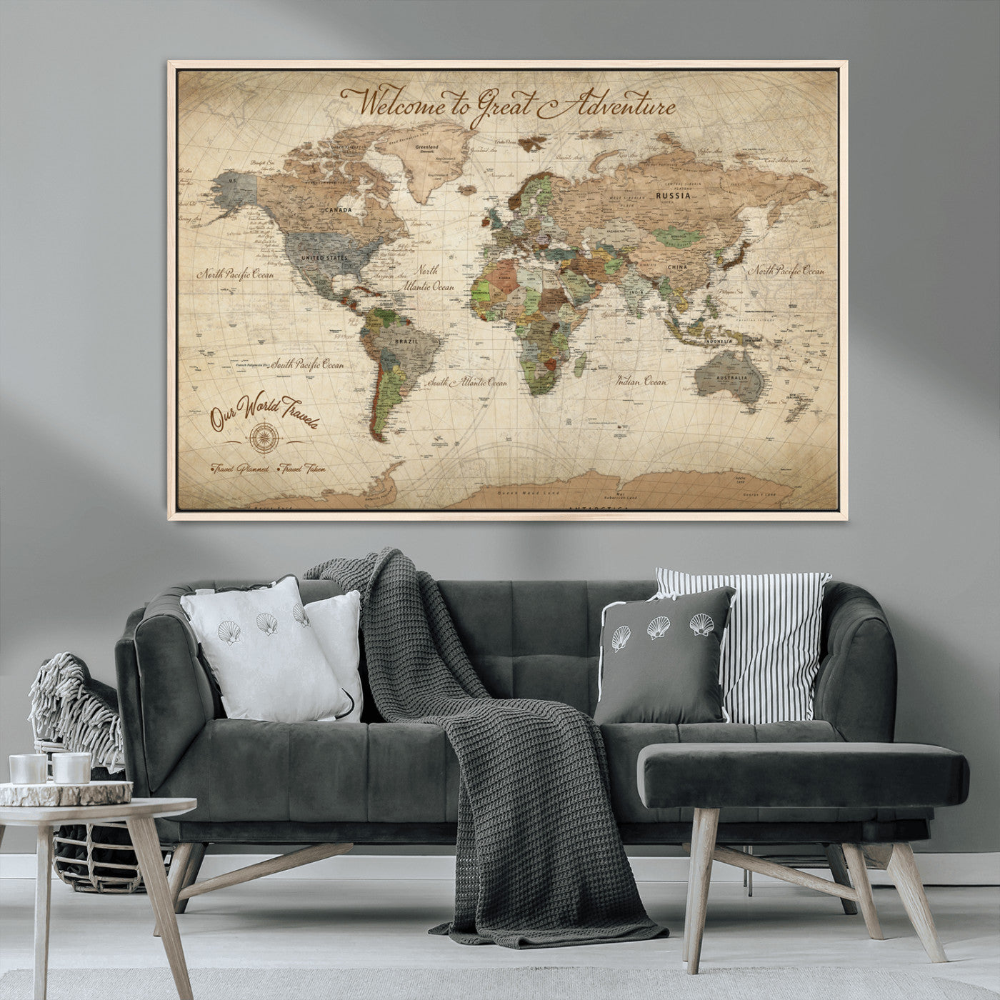 -Personalized Antique World Map Canvas Print – Custom Push Pin Travel Tracker Vintage Adventure Gift for Couples for Home, Office