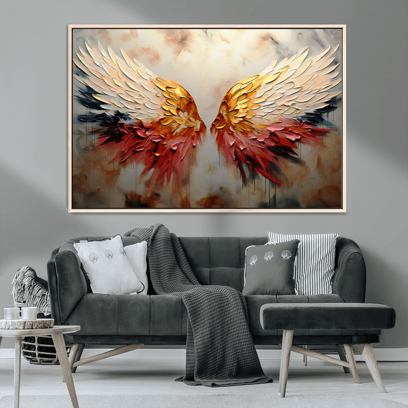 91020932-MGV-CV-36X24-Vibrant Angel Wings Wall Art Canvas Print – Gold Red Abstract Feathered Dreamy Spiritual Decor for Home, Office