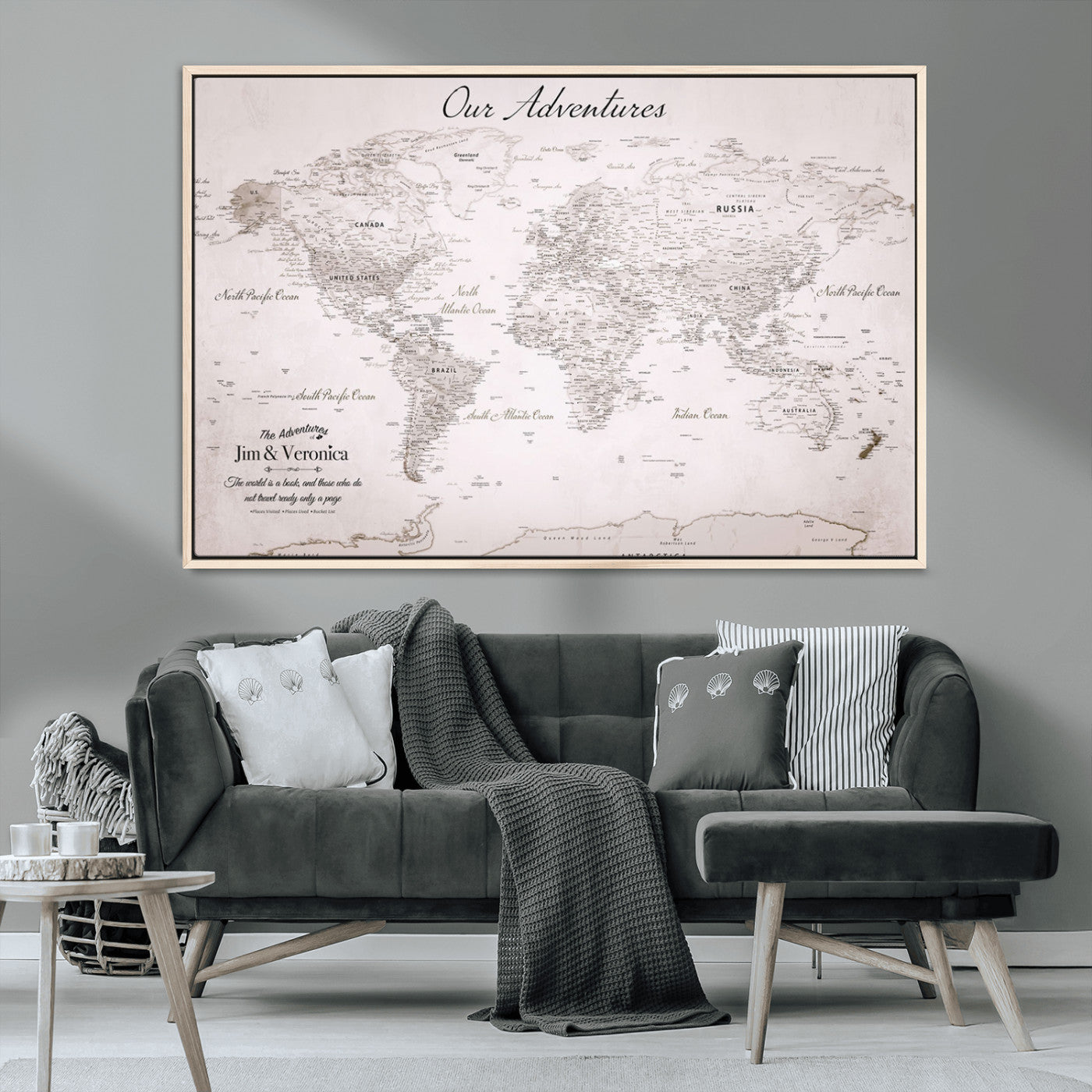 14561774-MGV-CV-36X24-Custom Push Pin World Map Wall Art – Personalized Travel Canvas Print with Foam Pins Framed Decor for Home, Office