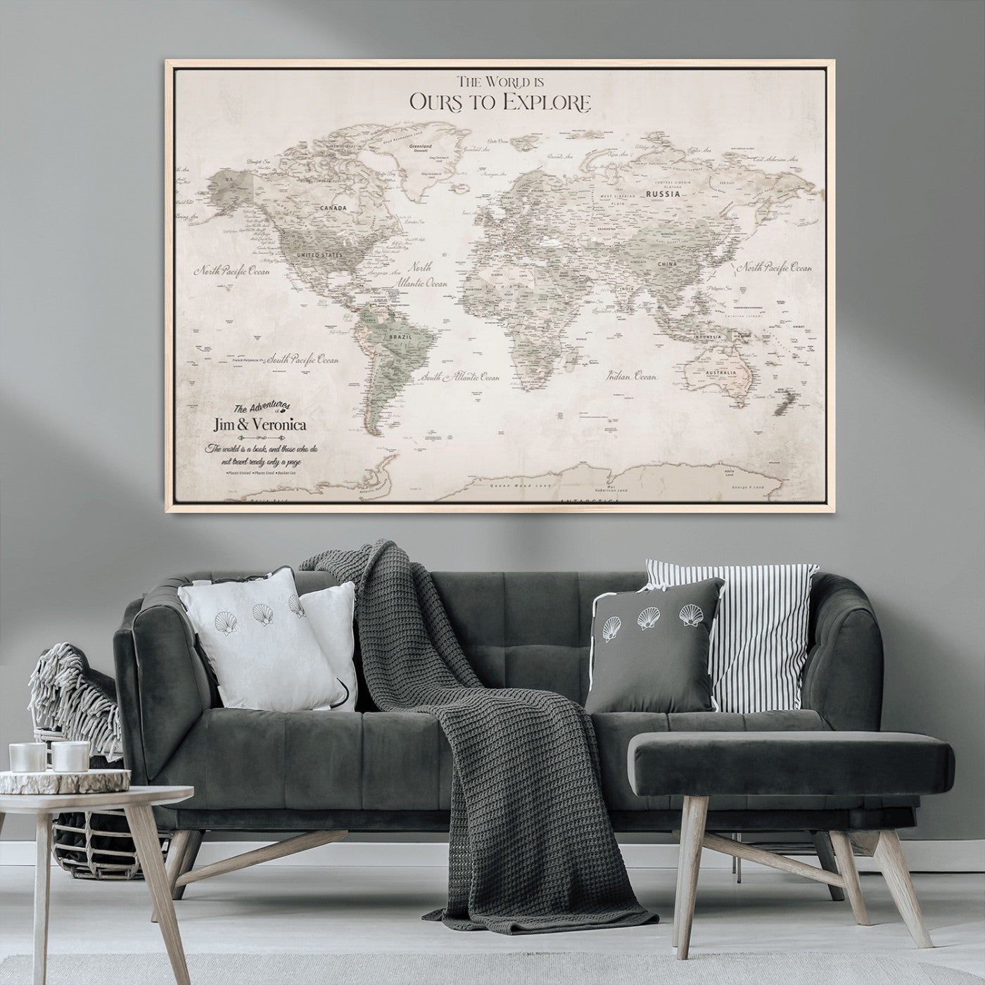 -Personalized Push Pin World Map Wall Art Canvas Print – Custom Framed Travel Tracker Gift for Couples or Family for home, office